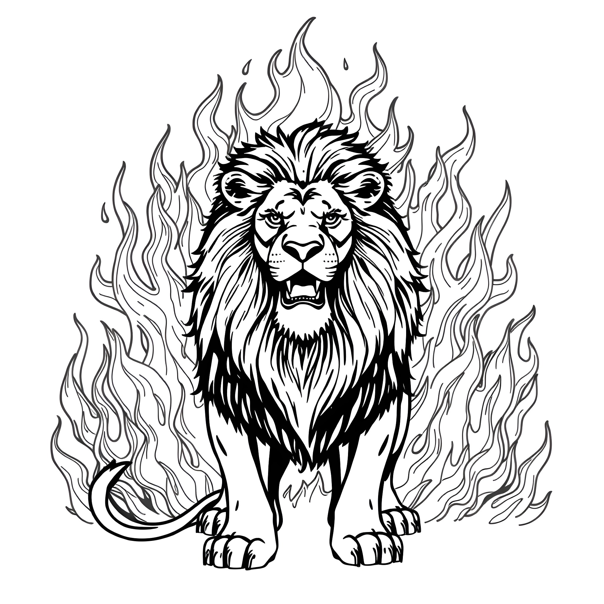 Lion Roaring in Flames Coloring Page (free black-and-white line drawing printable PDF for all, from beginners to advanced learners, including children, teens, adults, and seniors)