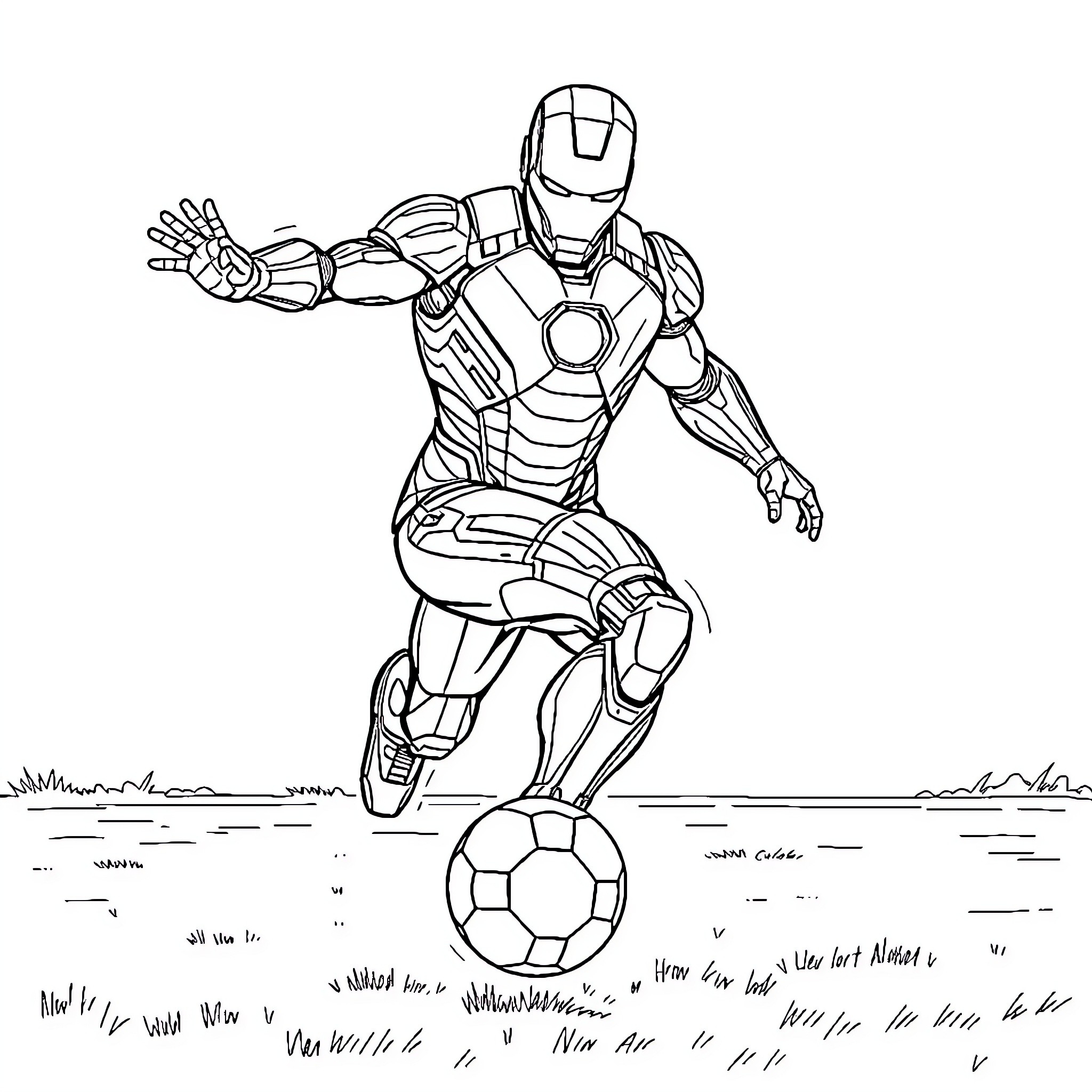 Iron Man playing with a soccer ball Coloring Page (free black-and-white line drawing printable PDF for all, from beginners to advanced learners, including children, teens, adults, and seniors)