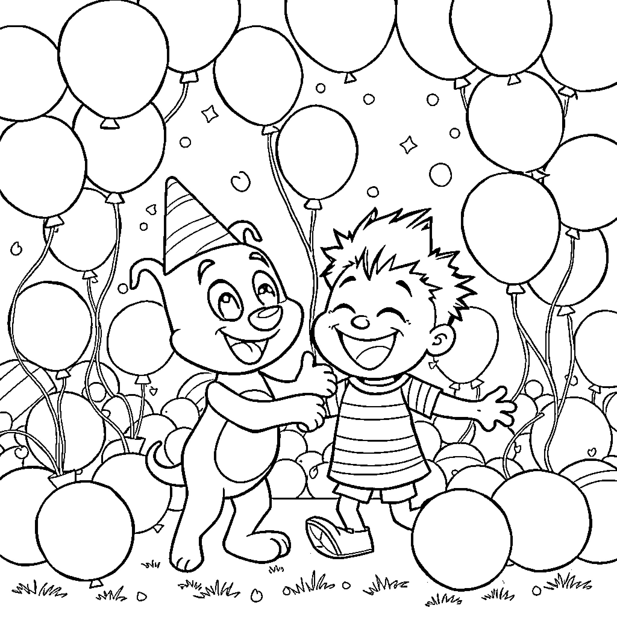 Bluey and Friends Celebrate with Balloons Coloring Page (free black-and-white line drawing printable PDF for all, from beginners to advanced learners, including children, teens, adults, and seniors)