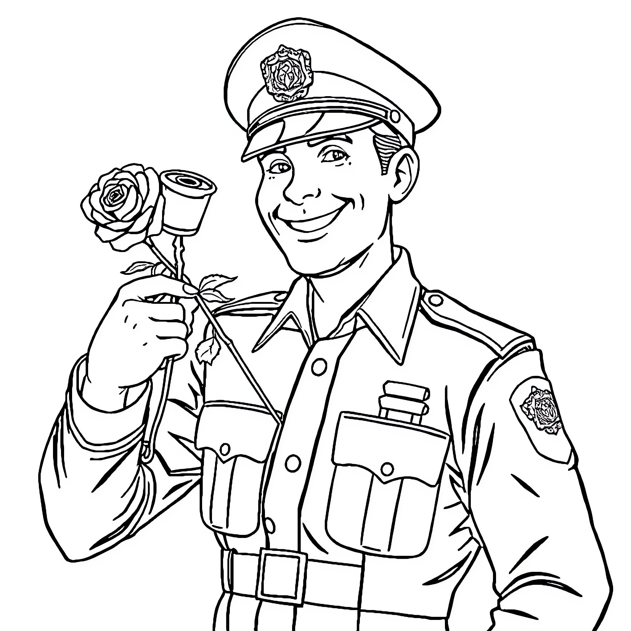 Soldier Offers Rose with Friendly Expression Coloring Page (free black-and-white line drawing printable PDF for all, from beginners to advanced learners, including children, teens, adults, and seniors)