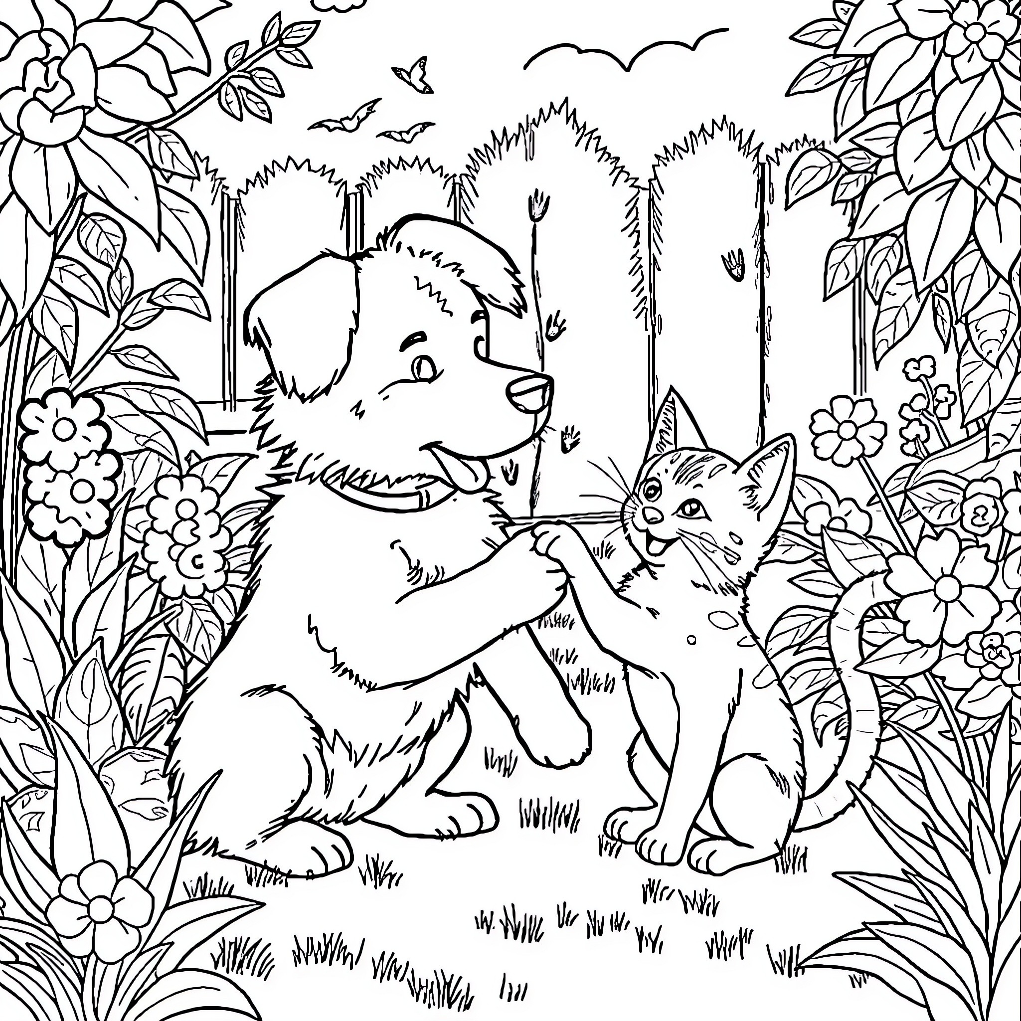 Dog and cat exploring flowery forest Coloring Page (free black-and-white line drawing printable PDF for all, from beginners to advanced learners, including children, teens, adults, and seniors)