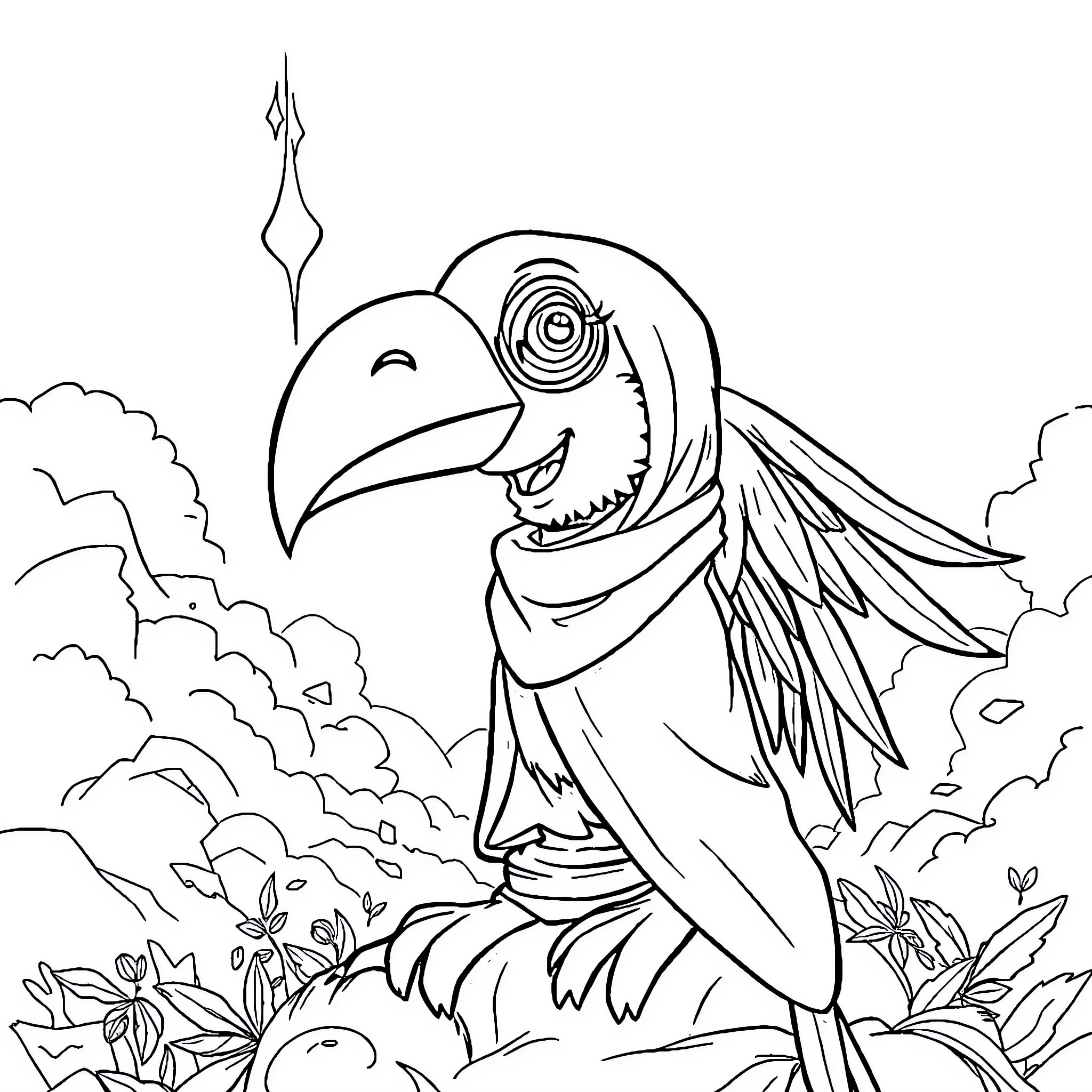 Character in fantasy bird-like creature surrounded by nature Coloring Page (free black-and-white line drawing printable PDF for all, from beginners to advanced learners, including children, teens, adults, and seniors)