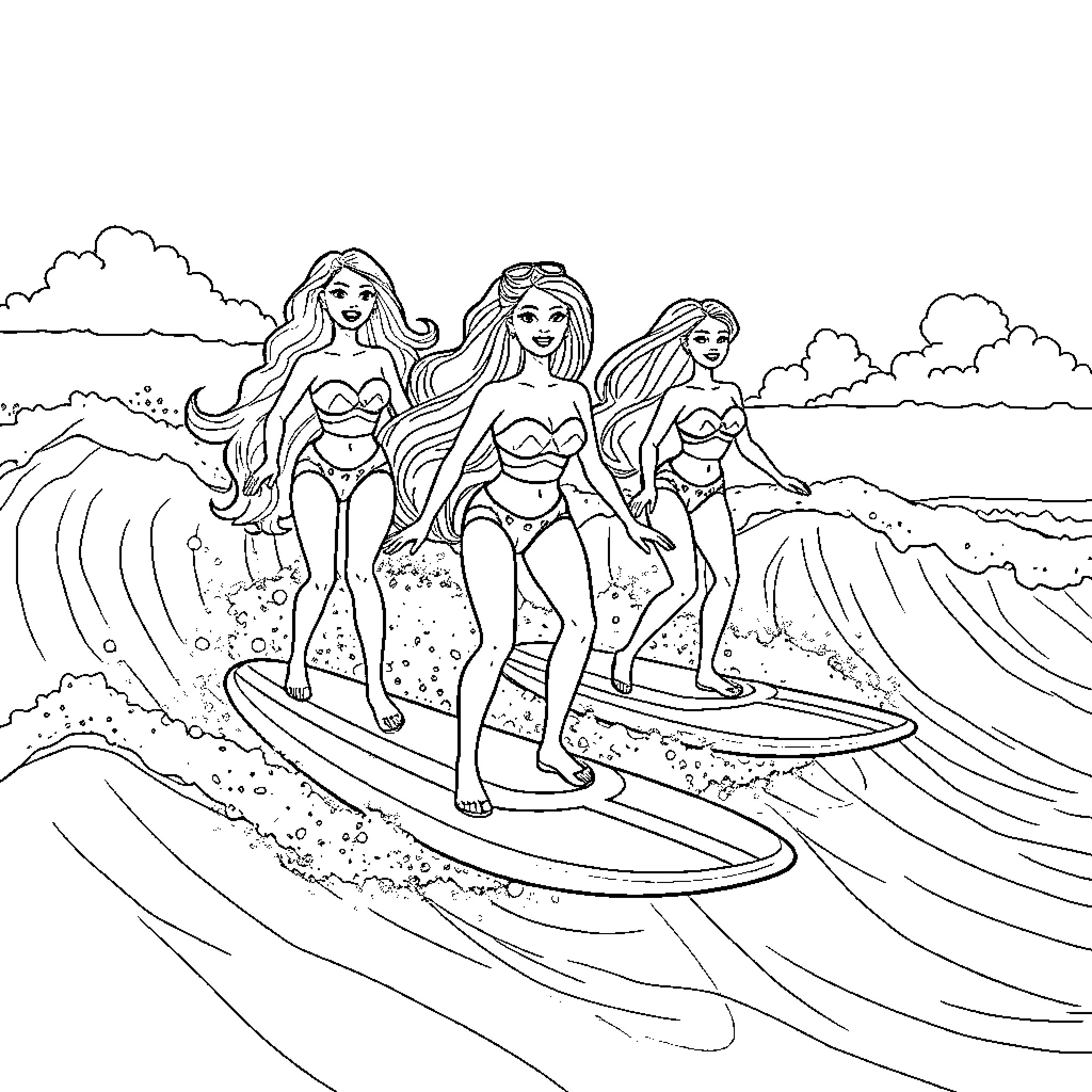 Barbie and friends surfing on the waves Coloring Page (free black-and-white line drawing printable PDF for all, from beginners to advanced learners, including children, teens, adults, and seniors)