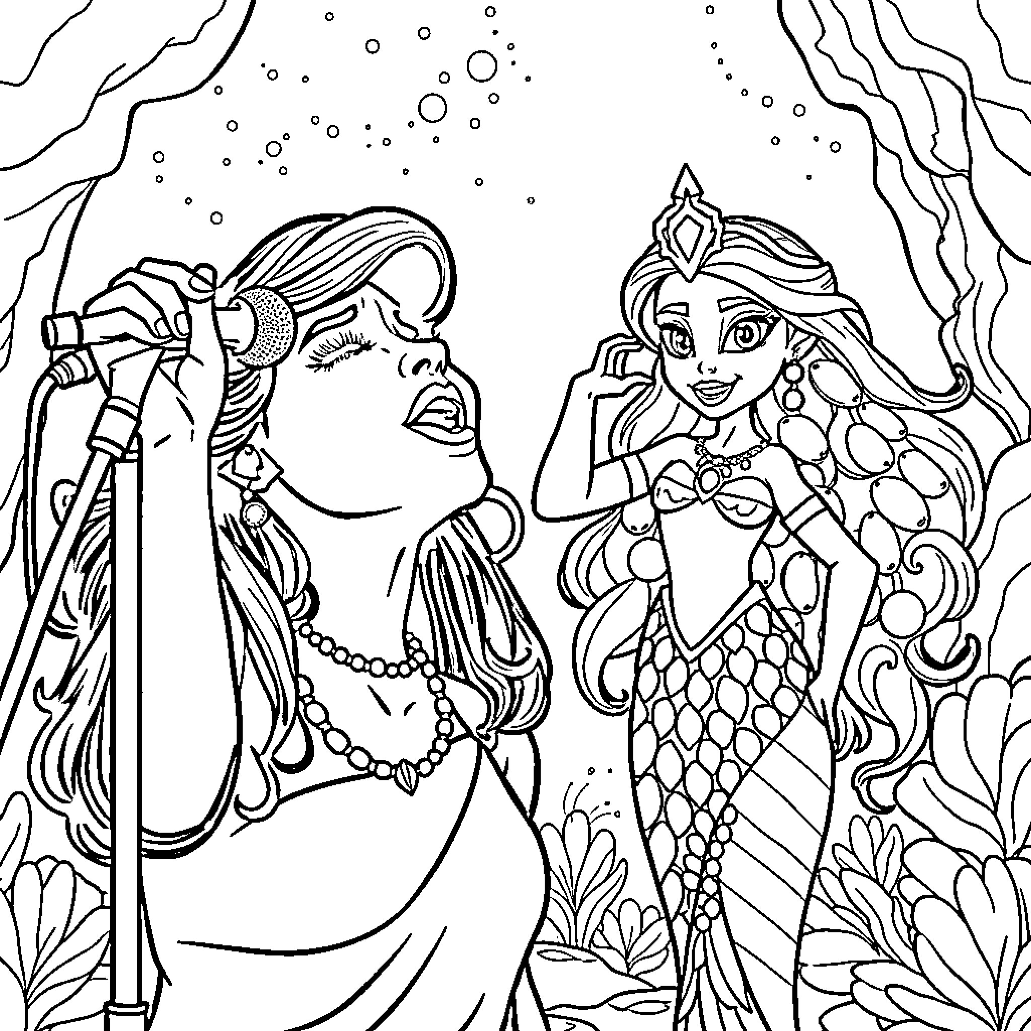 Amy Winehouse performing with mermaid companion Coloring Page (free black-and-white line drawing printable PDF for all, from beginners to advanced learners, including children, teens, adults, and seniors)