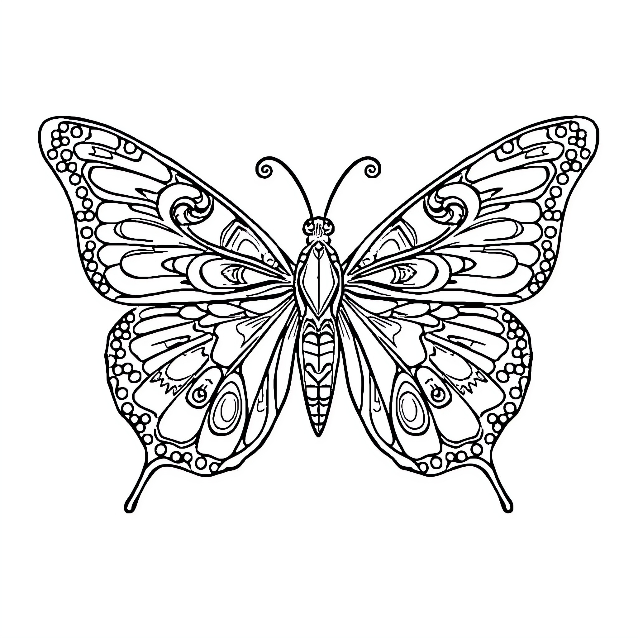 Butterfly with intricate wing patterns Coloring Page (free black-and-white line drawing printable PDF for all, from beginners to advanced learners, including children, teens, adults, and seniors)