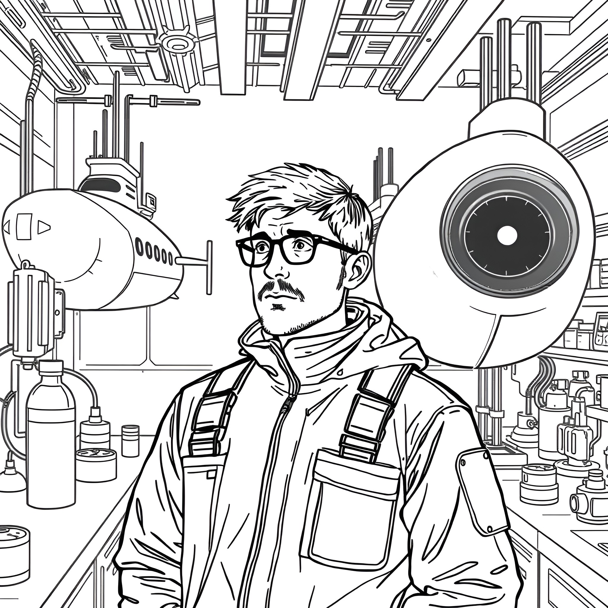 Filip Ledin in a high-tech laboratory Coloring Page (free black-and-white line drawing printable PDF for all, from beginners to advanced learners, including children, teens, adults, and seniors)