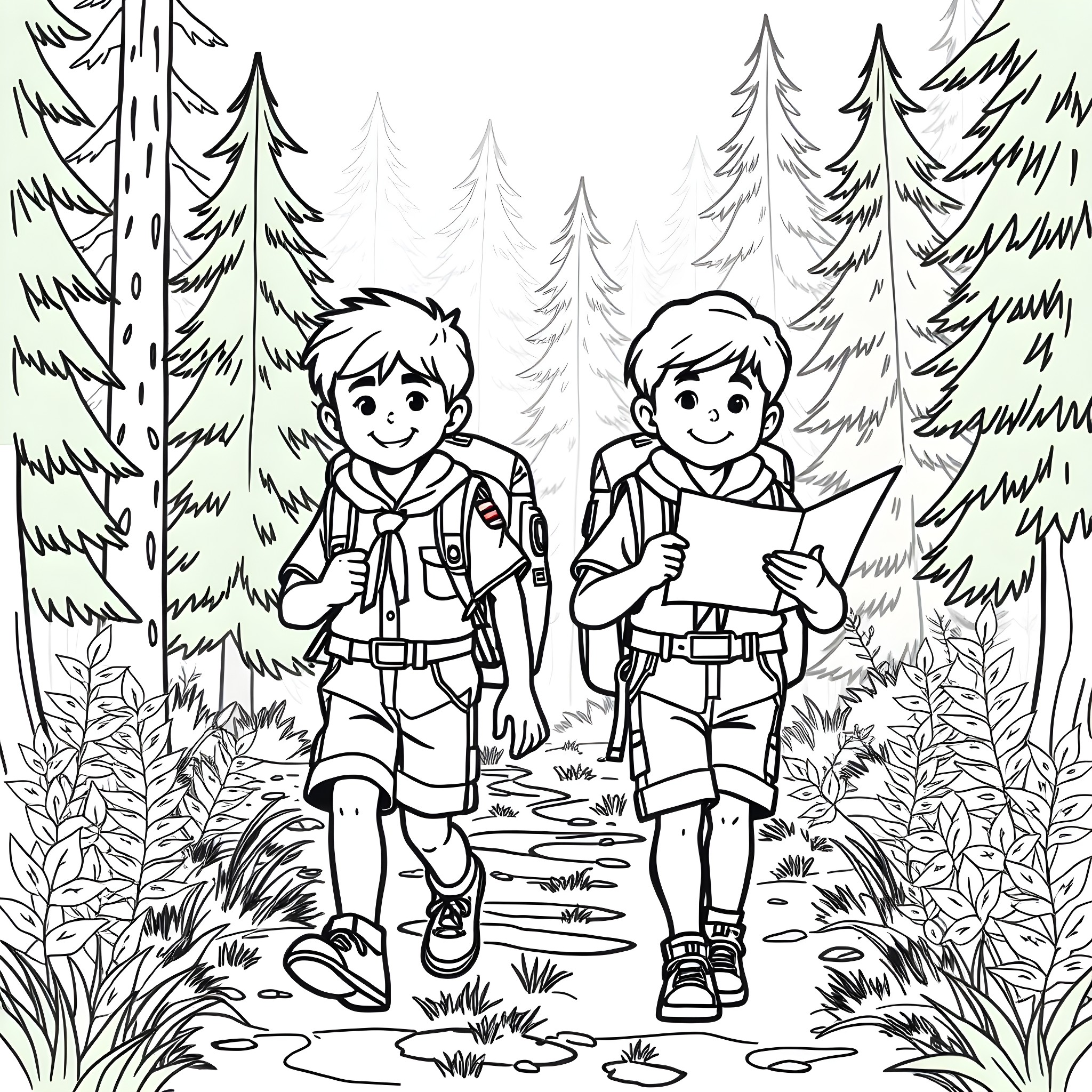 Boys hiking through the forest Coloring Page (free black-and-white line drawing printable PDF for all, from beginners to advanced learners, including children, teens, adults, and seniors)