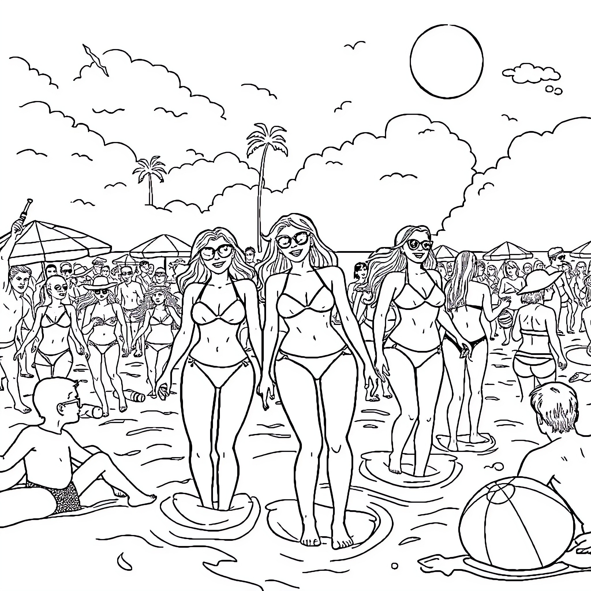Beach scene with people enjoying summer activities Coloring Page (free black-and-white line drawing printable PDF for all, from beginners to advanced learners, including children, teens, adults, and seniors)