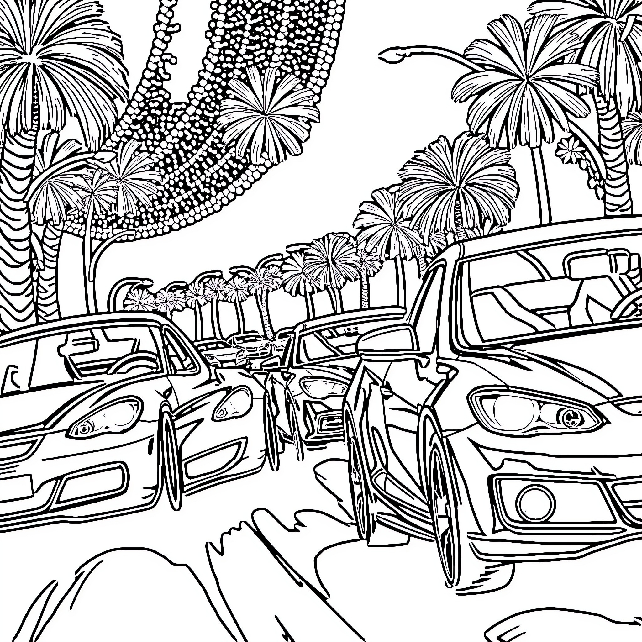 Street Racing Cars in Tropical Metropolis Coloring Page (free black-and-white line drawing printable PDF for all, from beginners to advanced learners, including children, teens, adults, and seniors)
