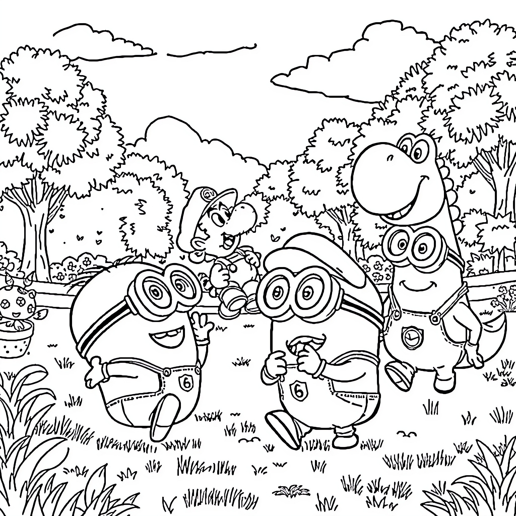 Minions frolicking in a colorful outdoor scene Coloring Page (free black-and-white line drawing printable PDF for all, from beginners to advanced learners, including children, teens, adults, and seniors)