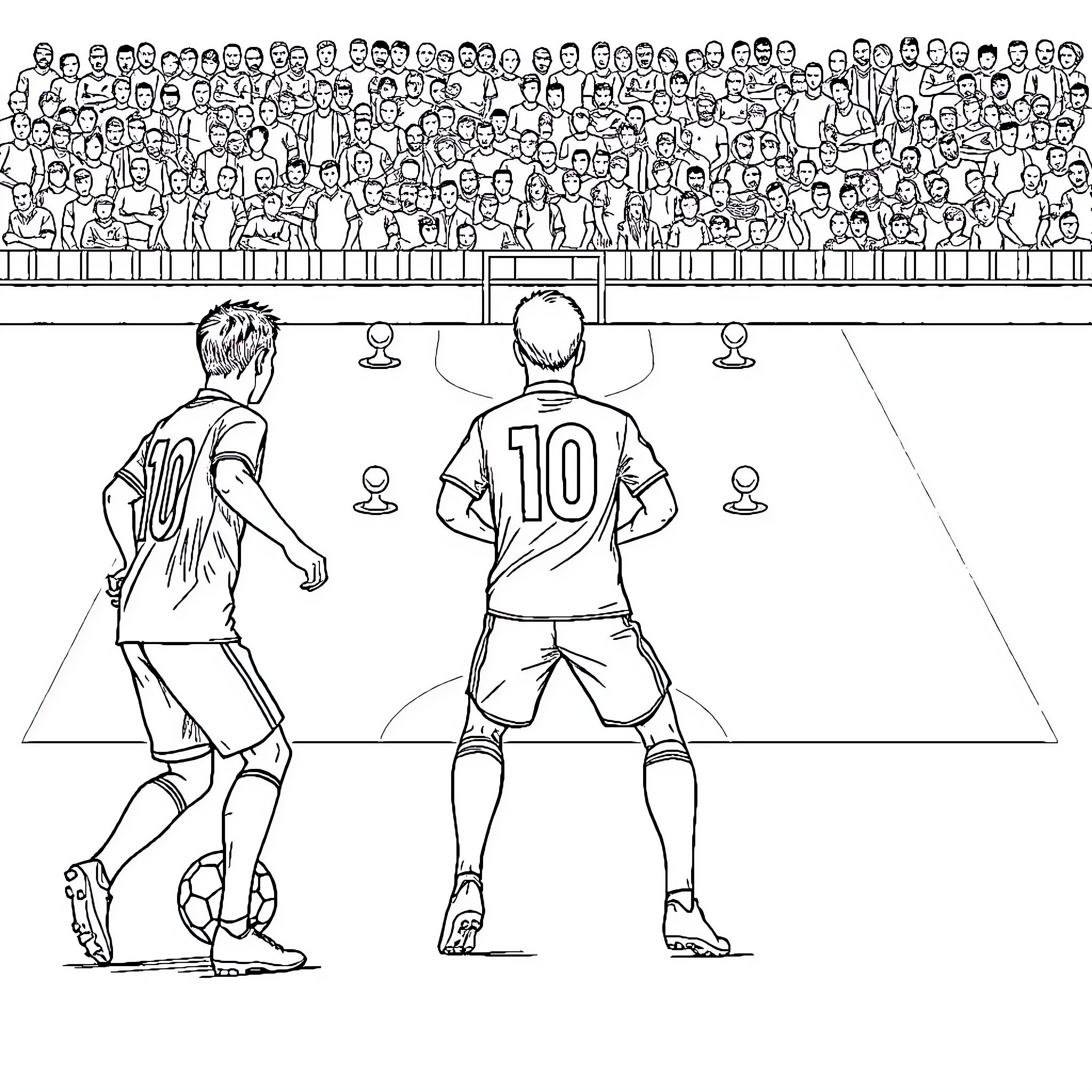 Football Players Facing Off on the Field Coloring Page (free black-and-white line drawing printable PDF for all, from beginners to advanced learners, including children, teens, adults, and seniors)