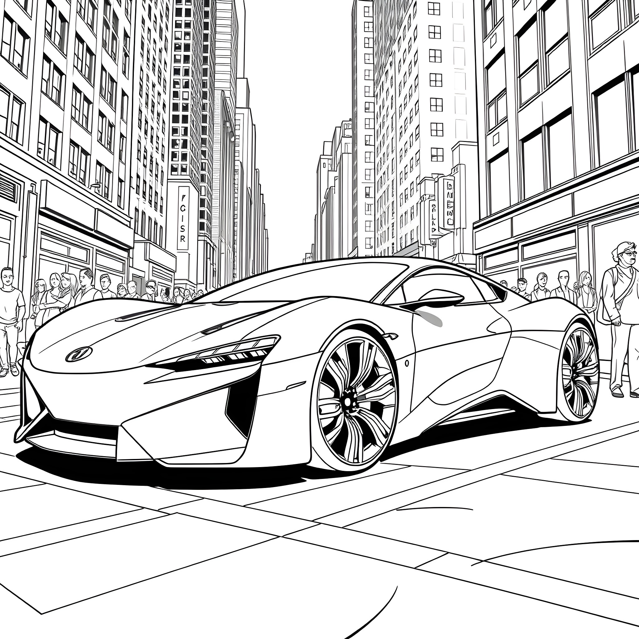 Car speeding through city streets Coloring Page (free black-and-white line drawing printable PDF for all, from beginners to advanced learners, including children, teens, adults, and seniors)