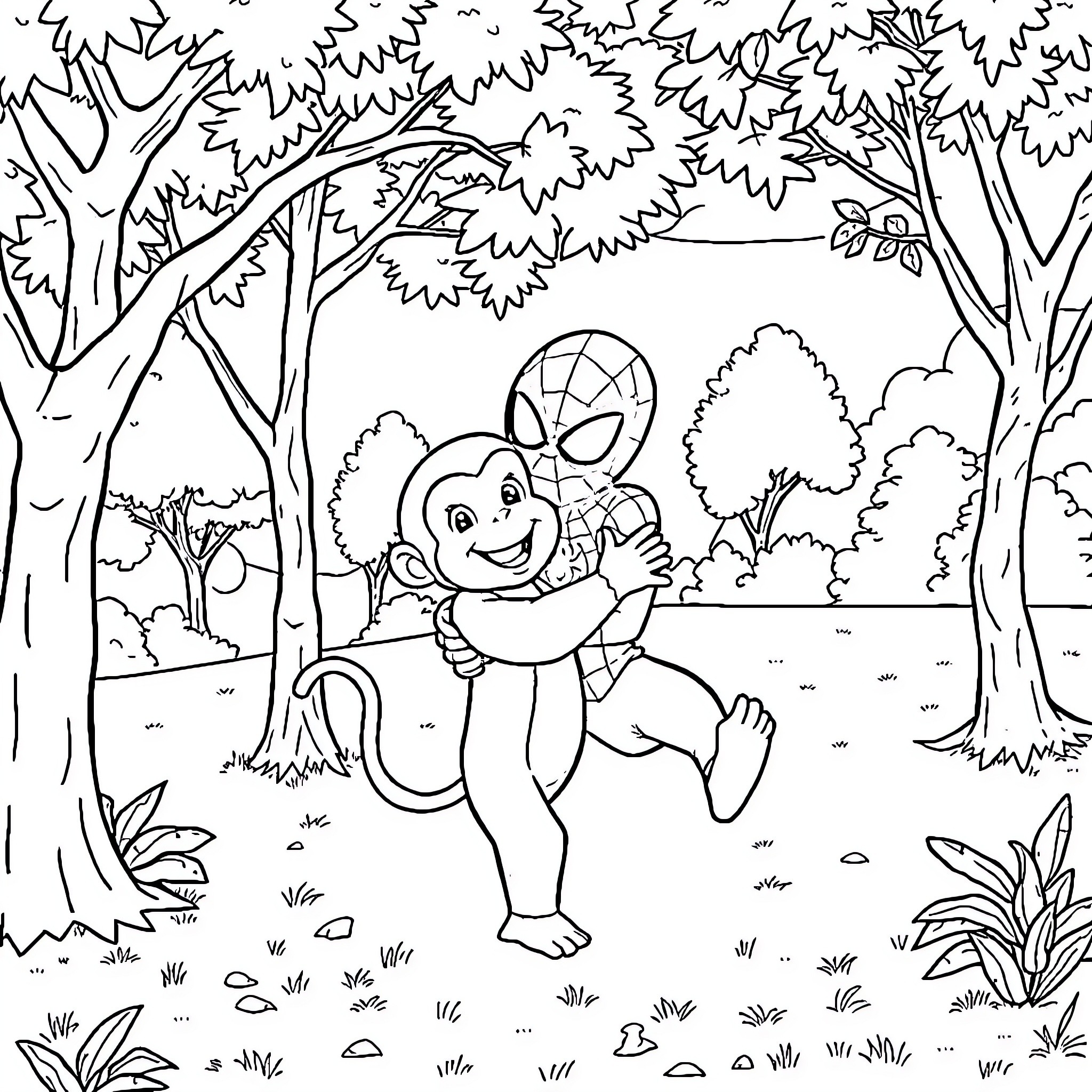 Curious George playing in the forest with Spiderman Coloring Page (free black-and-white line drawing printable PDF for all, from beginners to advanced learners, including children, teens, adults, and seniors)