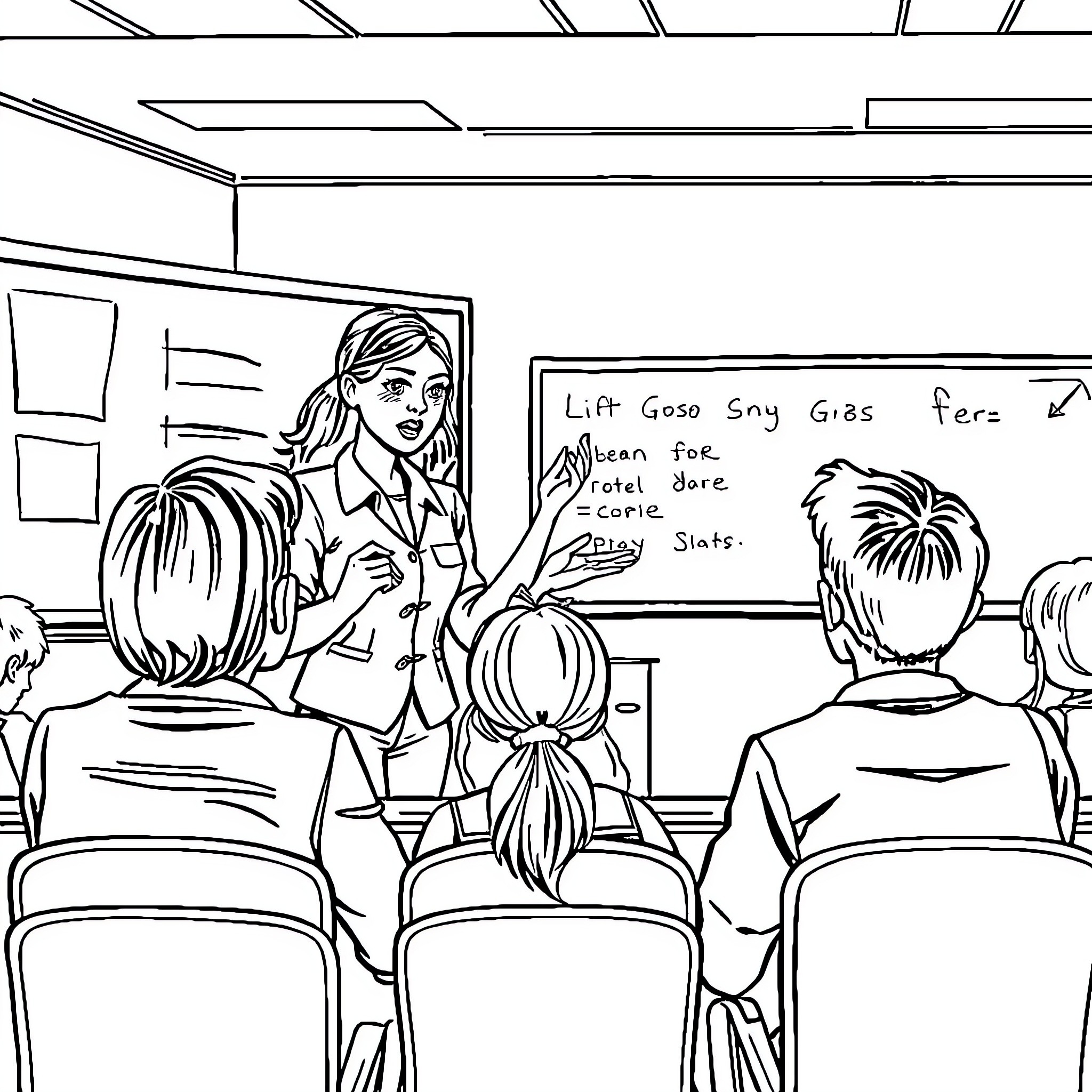 Teacher instructing students in classroom Coloring Page (free black-and-white line drawing printable PDF for all, from beginners to advanced learners, including children, teens, adults, and seniors)
