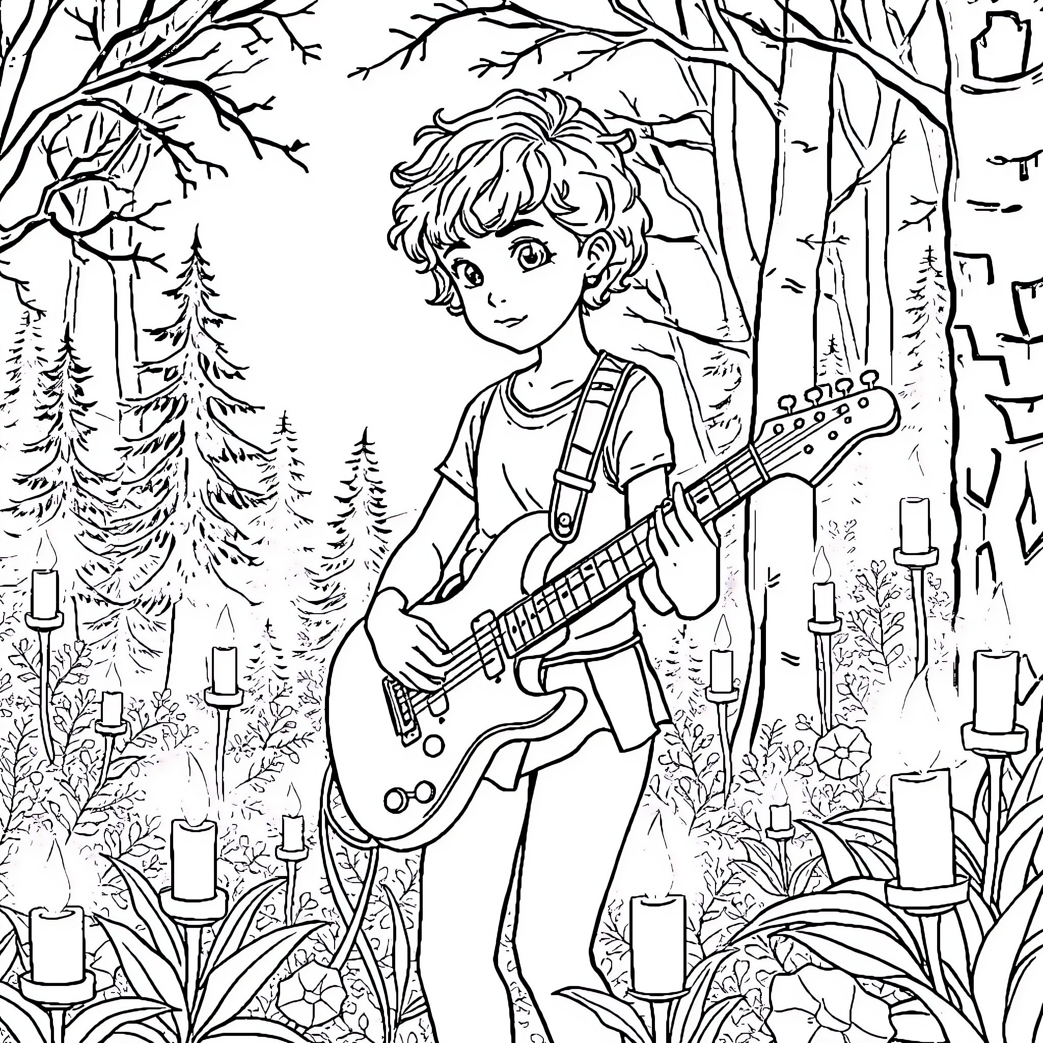Girl playing guitar in enchanting forest Coloring Page (free black-and-white line drawing printable PDF for all, from beginners to advanced learners, including children, teens, adults, and seniors)
