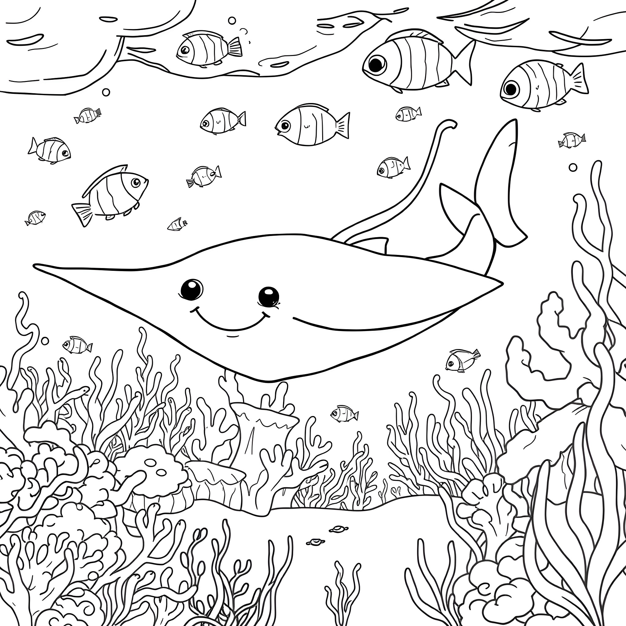 Ray the Friendly Shark Swims Among Colorful Fish Coloring Page (free black-and-white line drawing printable PDF for all, from beginners to advanced learners, including children, teens, adults, and seniors)
