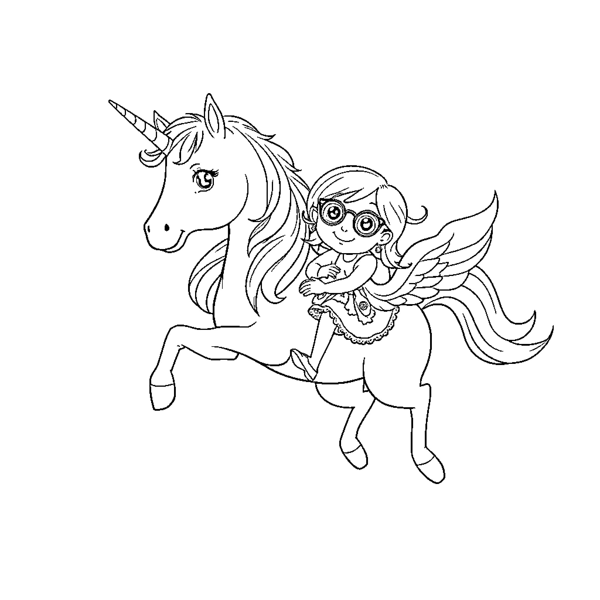 Unicorn and a winged girl riding together Coloring Page (free black-and-white line drawing printable PDF for all, from beginners to advanced learners, including children, teens, adults, and seniors)