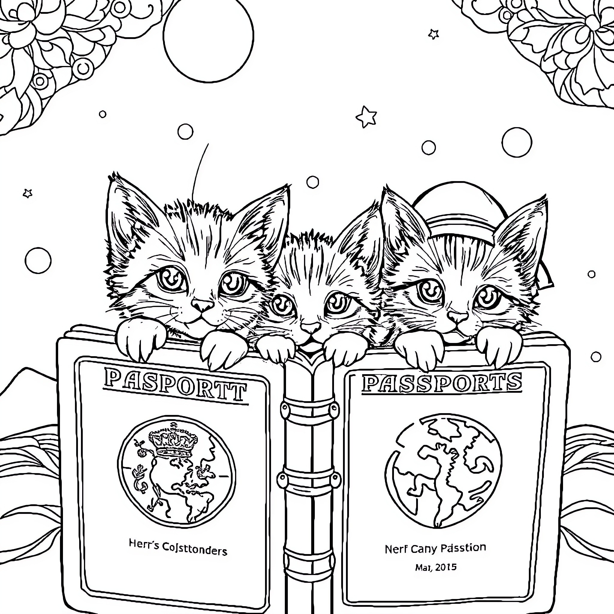 Kittens peeking out from passports Coloring Page (free black-and-white line drawing printable PDF for all, from beginners to advanced learners, including children, teens, adults, and seniors)