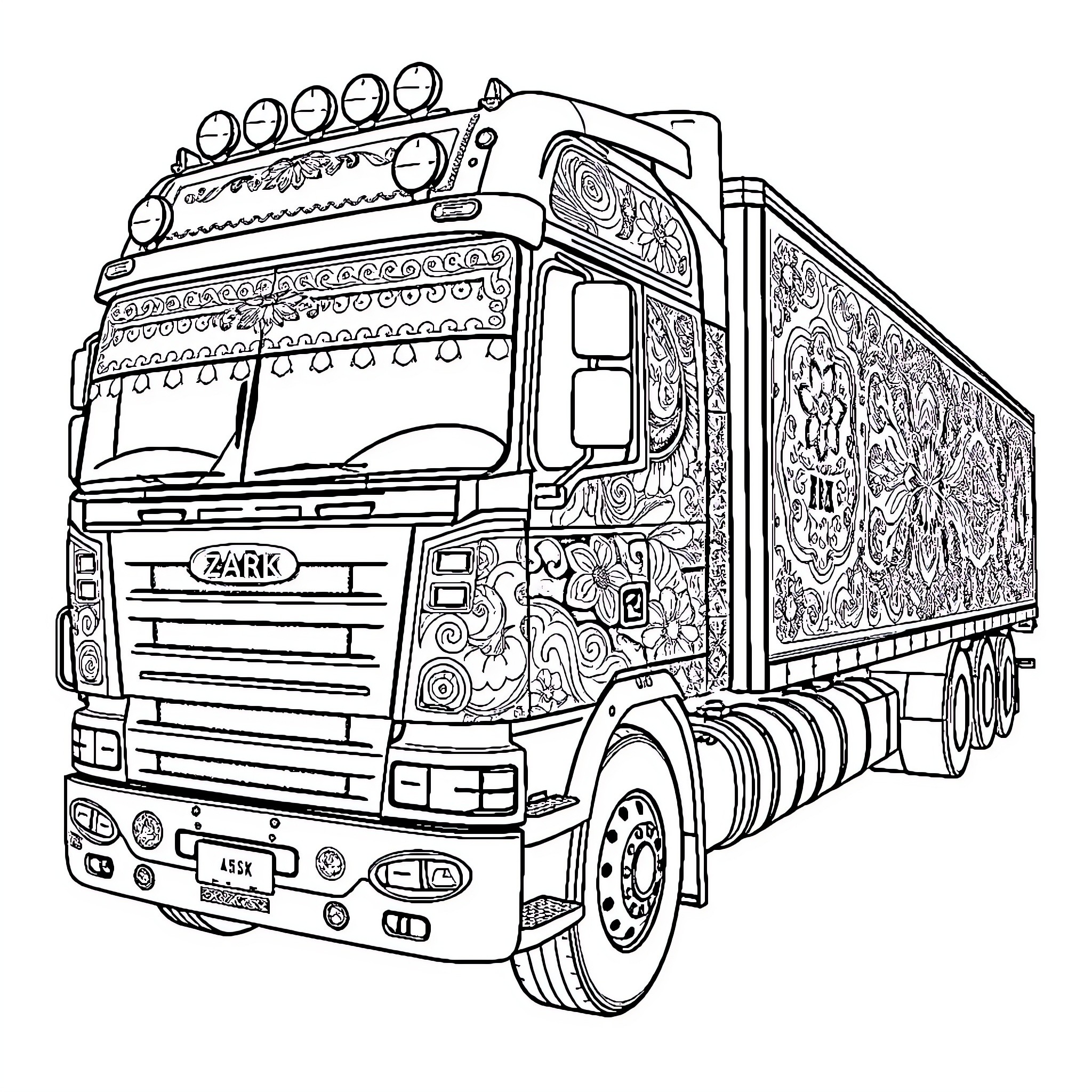 Truck with ornate decals and decorations Coloring Page (free black-and-white line drawing printable PDF for all, from beginners to advanced learners, including children, teens, adults, and seniors)