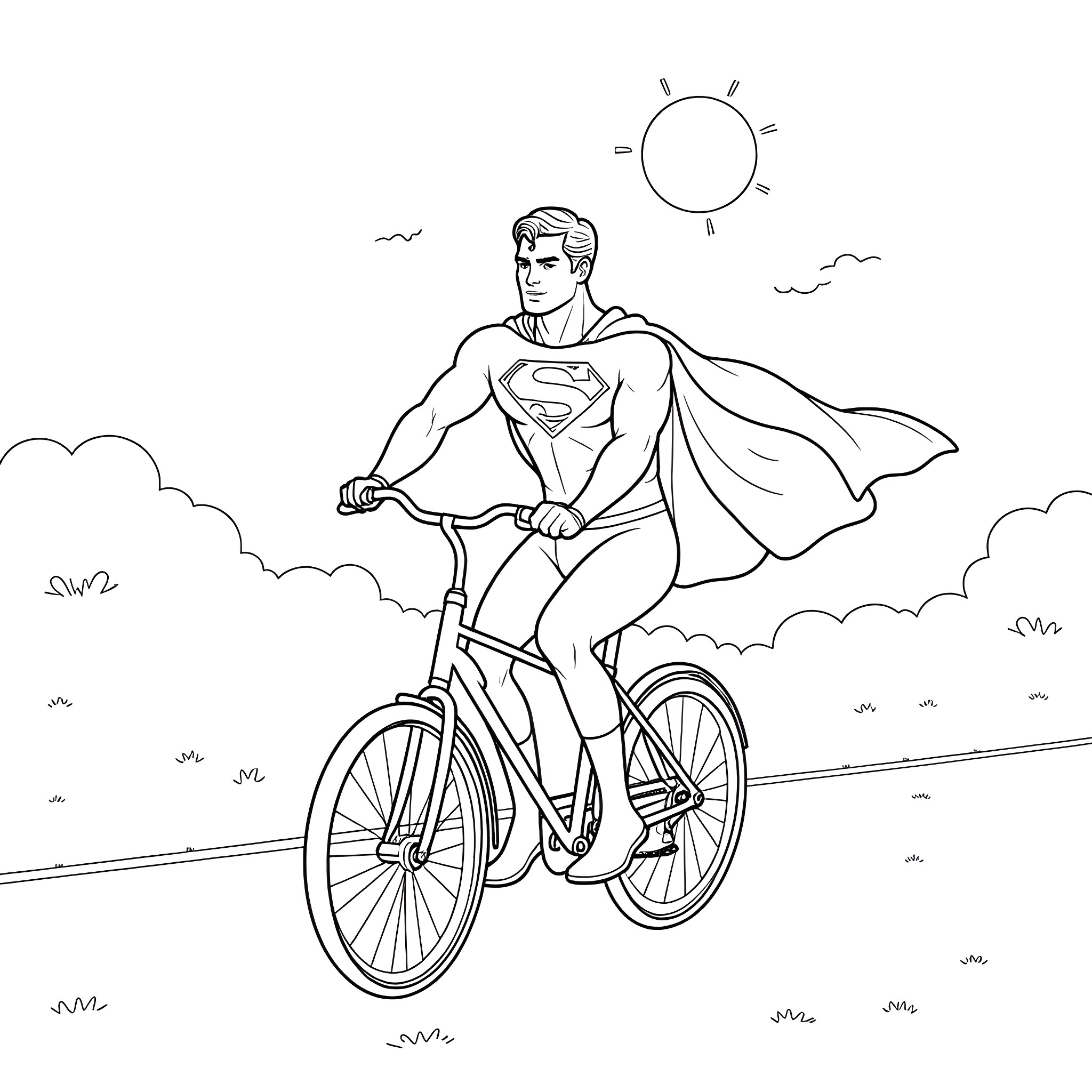 Superman riding a bicycle in the countryside Coloring Page (free black-and-white line drawing printable PDF for all, from beginners to advanced learners, including children, teens, adults, and seniors)