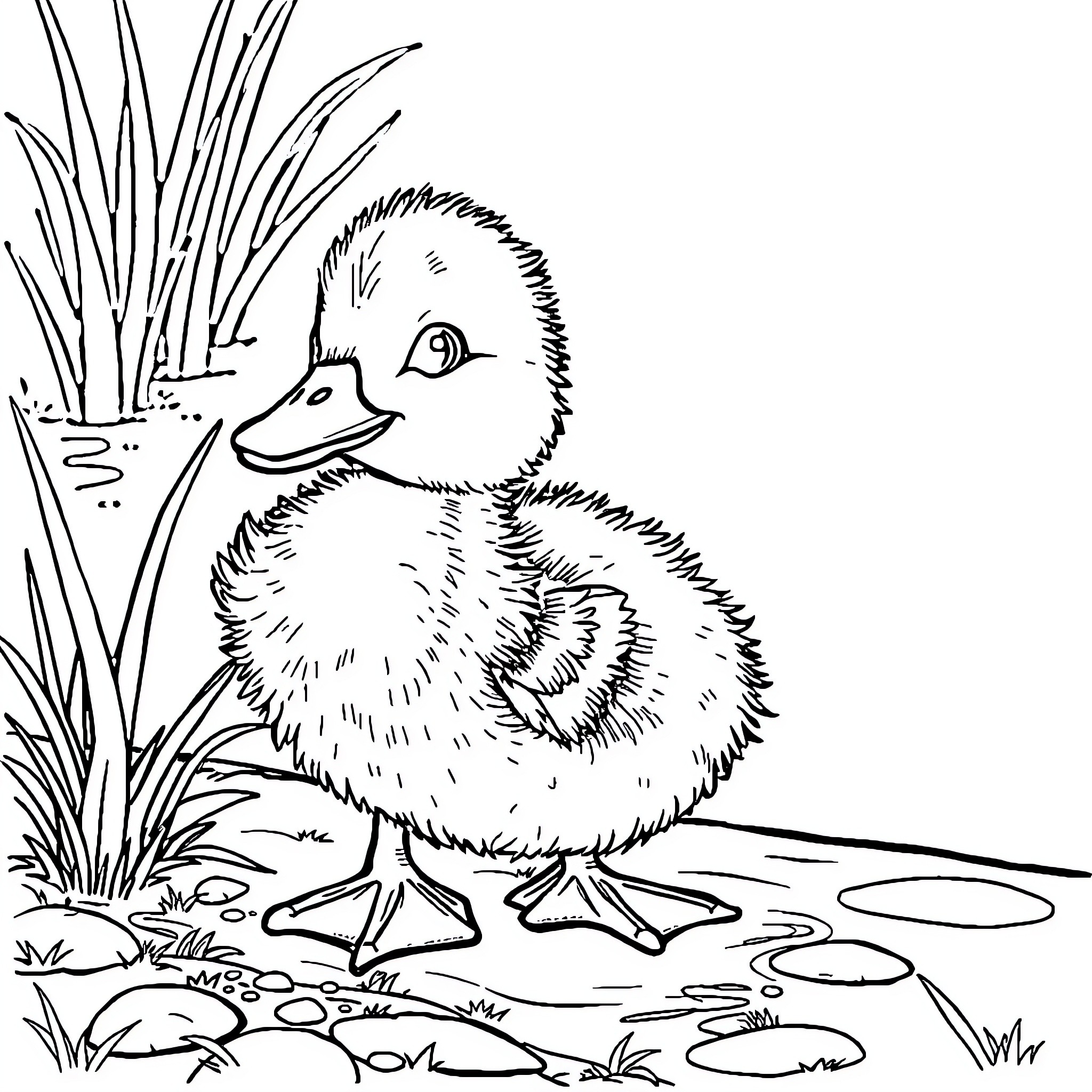 Duck Exploring its Surroundings Coloring Page (free black-and-white line drawing printable PDF for all, from beginners to advanced learners, including children, teens, adults, and seniors)