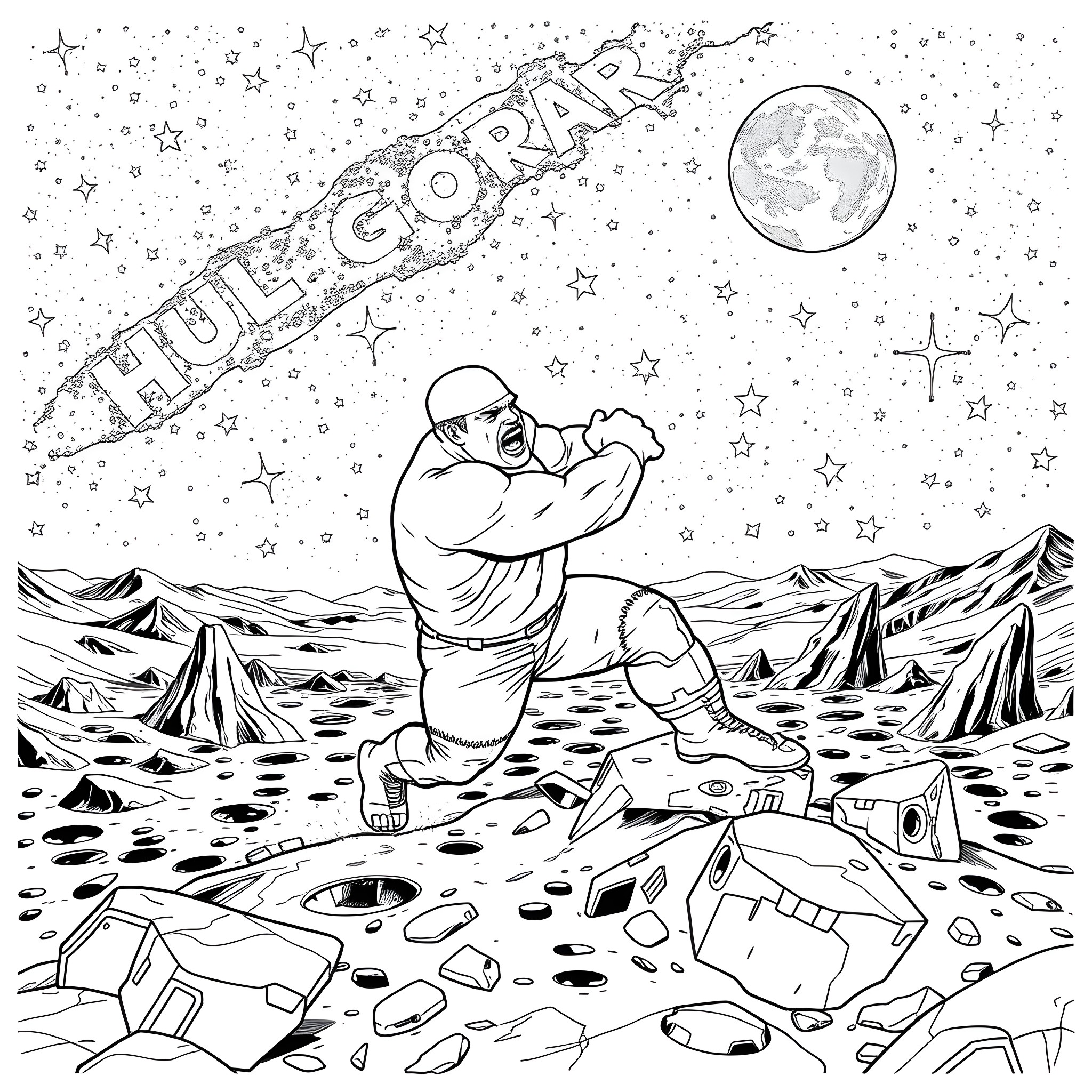 Hulk Hogan stranded in space after crash landing on a distant planet Coloring Page (free black-and-white line drawing printable PDF for all, from beginners to advanced learners, including children, teens, adults, and seniors)