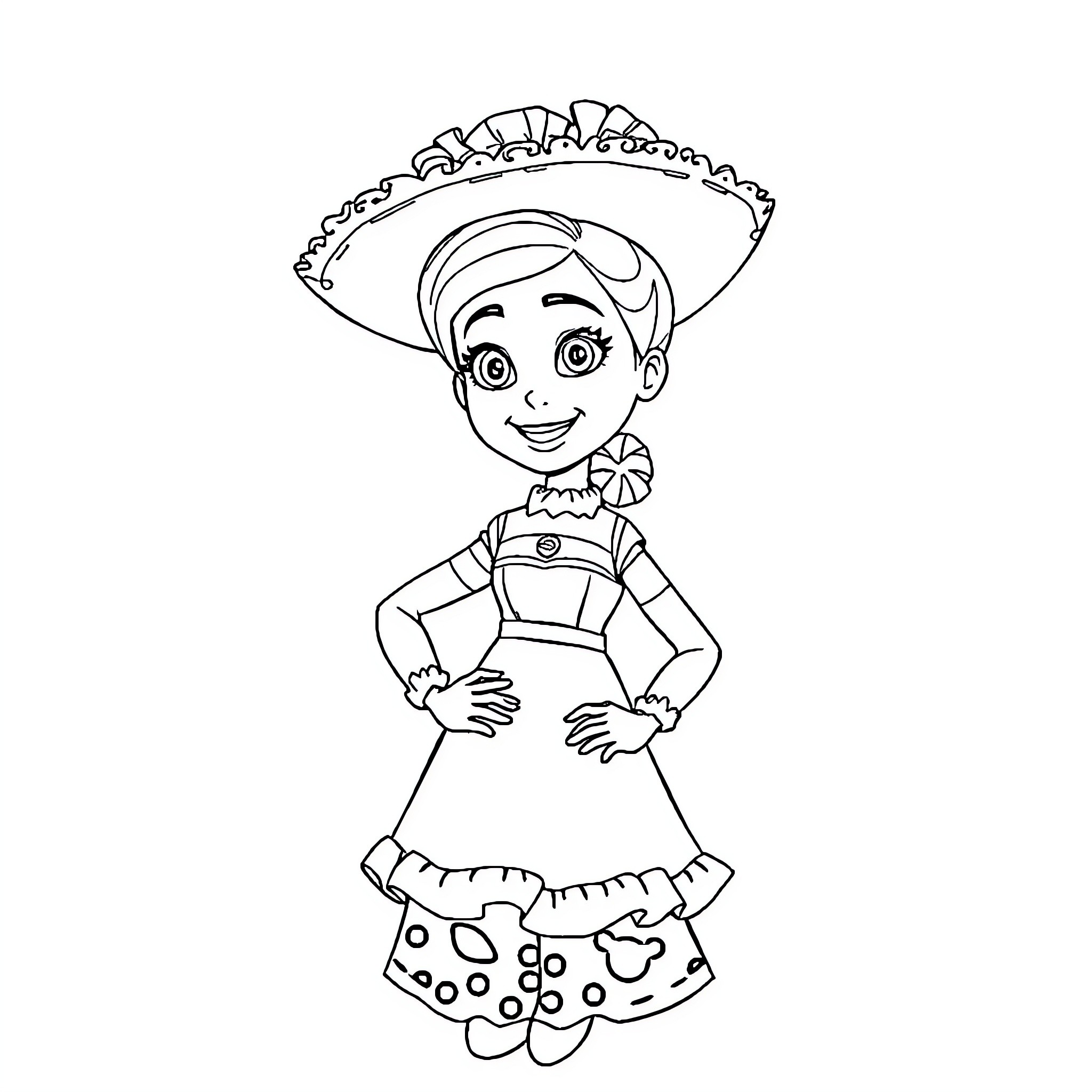 Jessie posing cheerfully in her cowgirl outfit Coloring Page (free black-and-white line drawing printable PDF for all, from beginners to advanced learners, including children, teens, adults, and seniors)