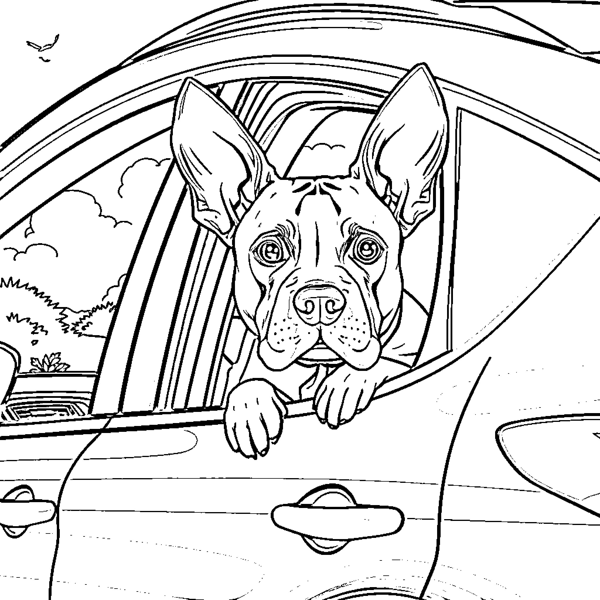 Pitbull peeking out from car window Coloring Page (free black-and-white line drawing printable PDF for all, from beginners to advanced learners, including children, teens, adults, and seniors)