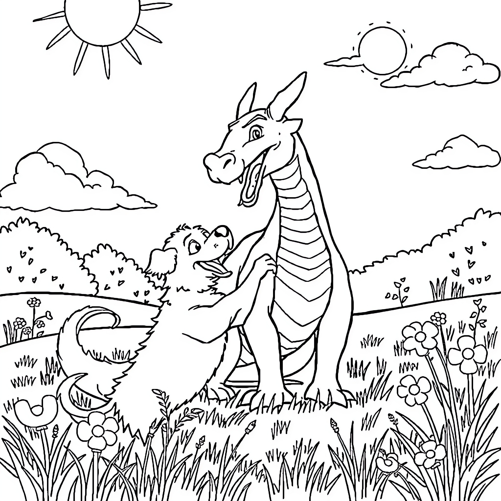 Dragon friends playing in the meadow Coloring Page (free black-and-white line drawing printable PDF for all, from beginners to advanced learners, including children, teens, adults, and seniors)
