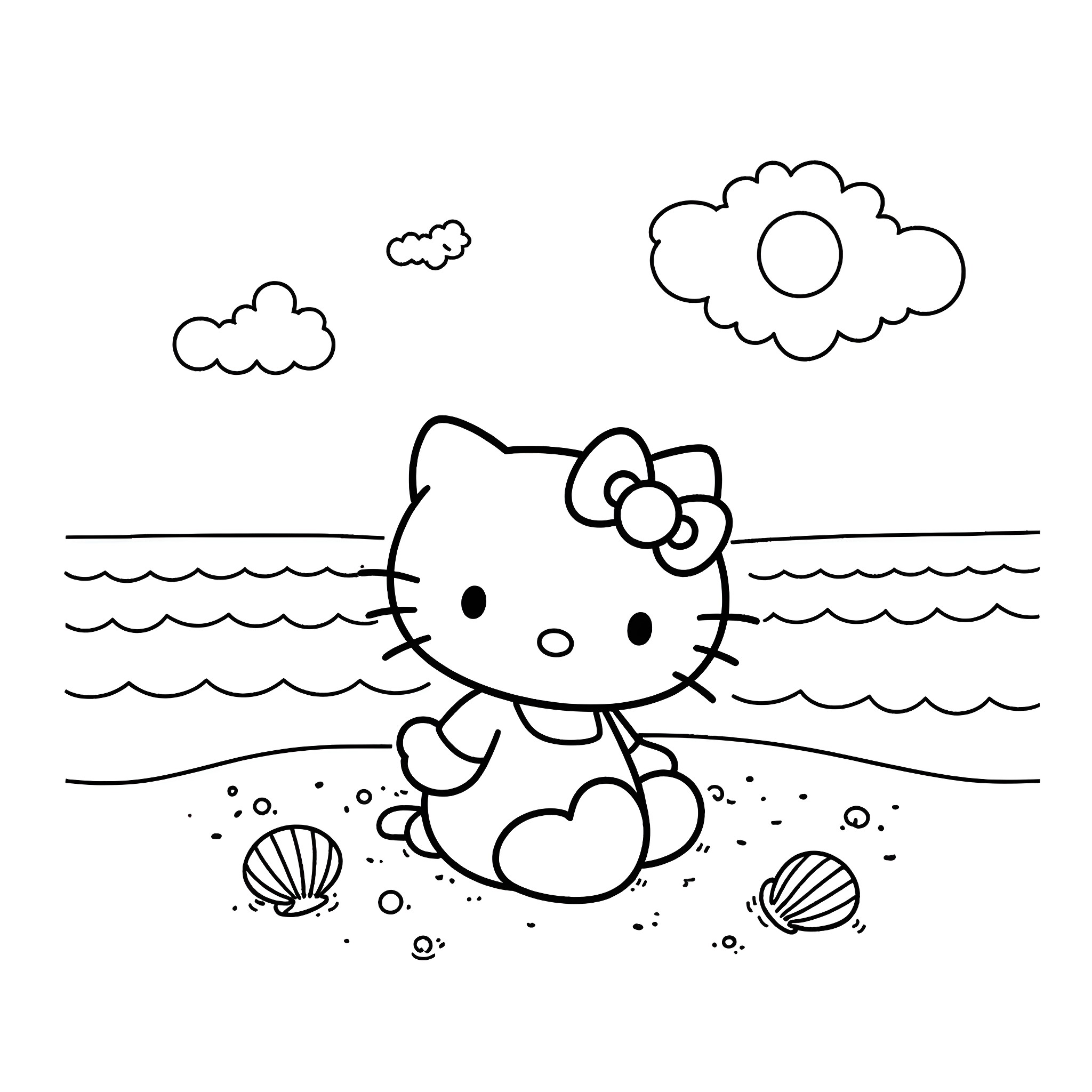 Hello Kitty playing on the beach Coloring Page (free black-and-white line drawing printable PDF for all, from beginners to advanced learners, including children, teens, adults, and seniors)