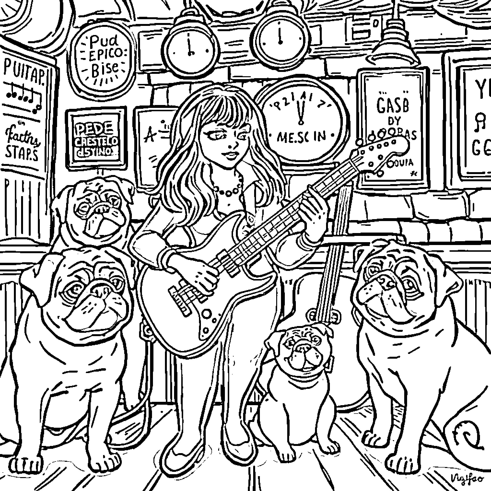 Vira-Lata: Girl with guitar and her pug companions Coloring Page (free black-and-white line drawing printable PDF for all, from beginners to advanced learners, including children, teens, adults, and seniors)