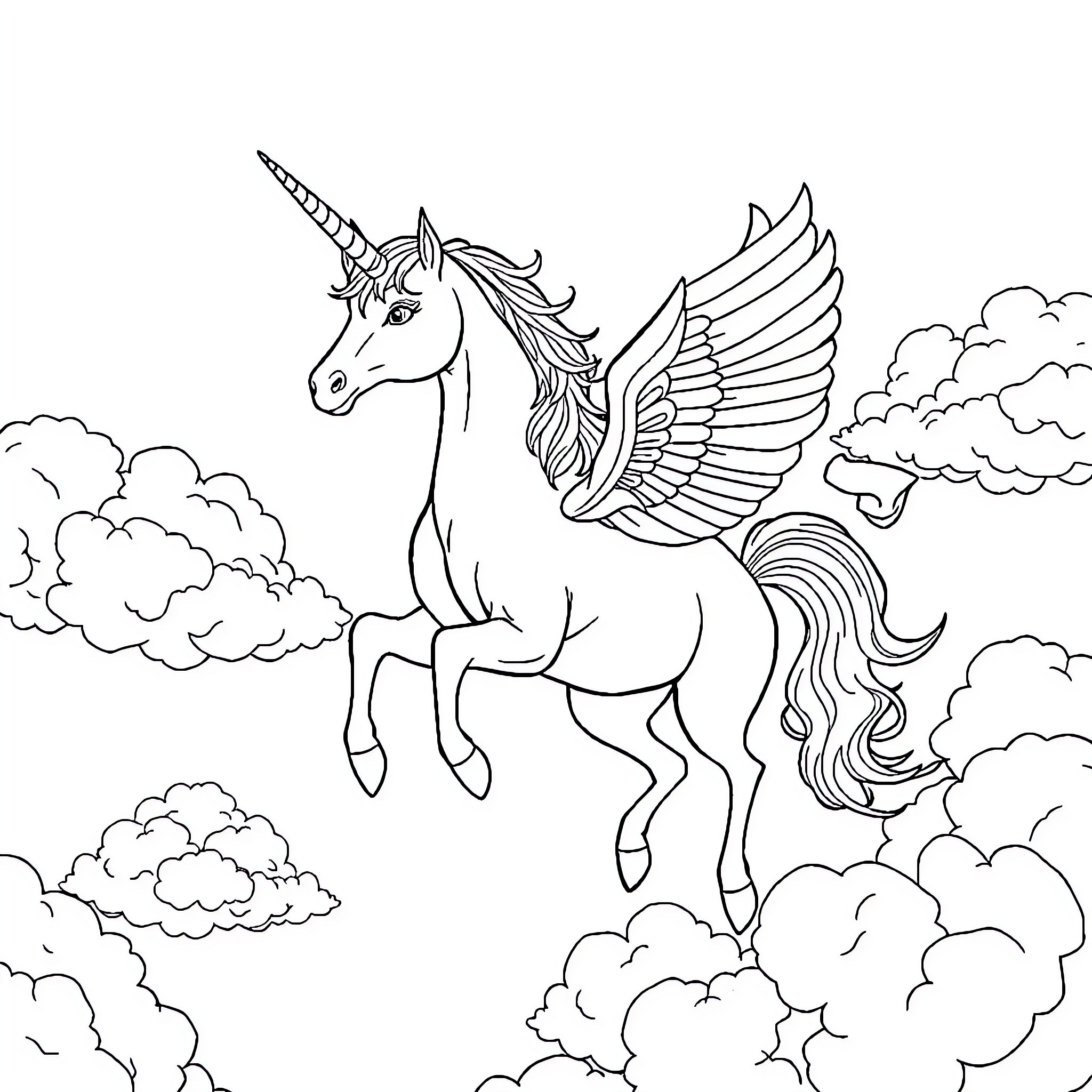 Unicorn soaring majestically through the clouds Coloring Page (free black-and-white line drawing printable PDF for all, from beginners to advanced learners, including children, teens, adults, and seniors)