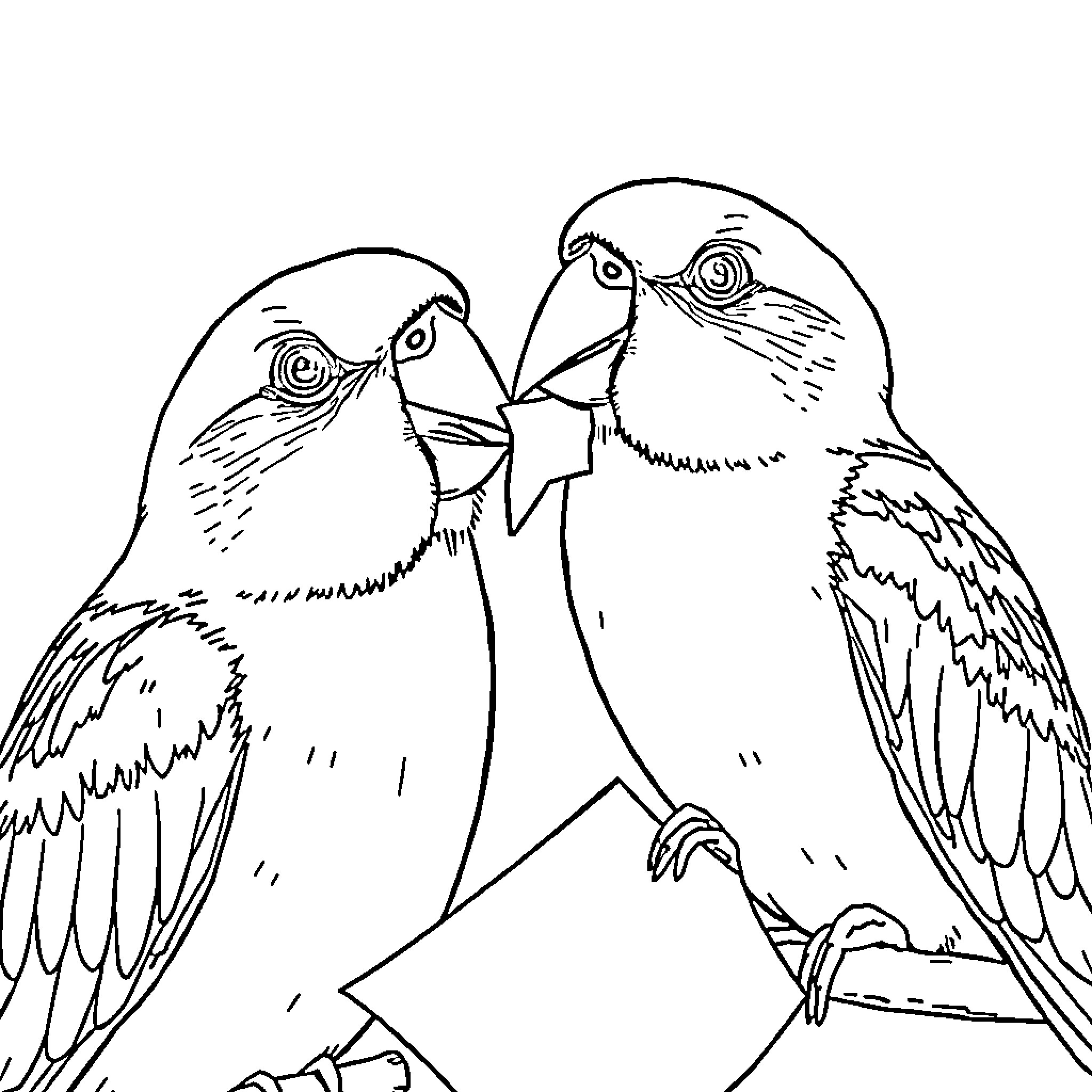 Lovebirds cuddling affectionately on perch Coloring Page (free black-and-white line drawing printable PDF for all, from beginners to advanced learners, including children, teens, adults, and seniors)