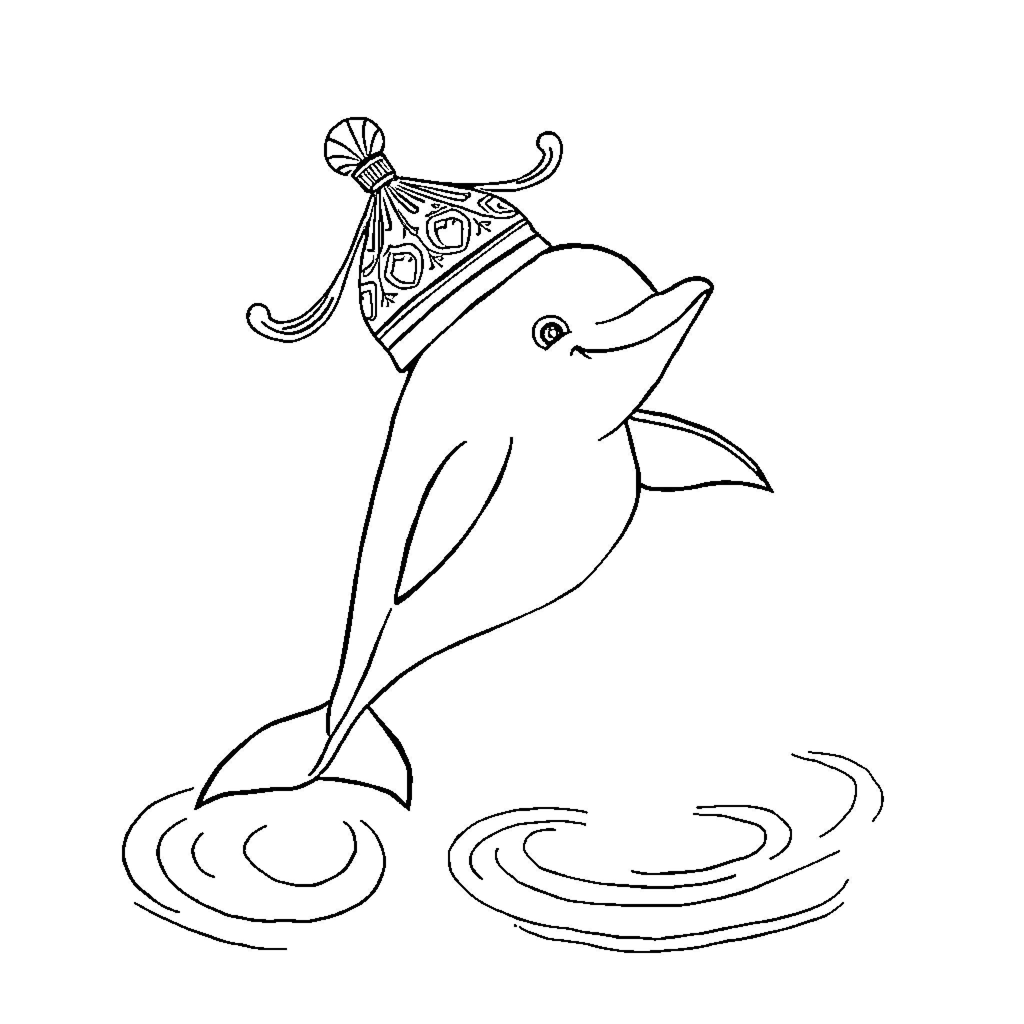 Dolphin wearing a festive hat Coloring Page (free black-and-white line drawing printable PDF for all, from beginners to advanced learners, including children, teens, adults, and seniors)