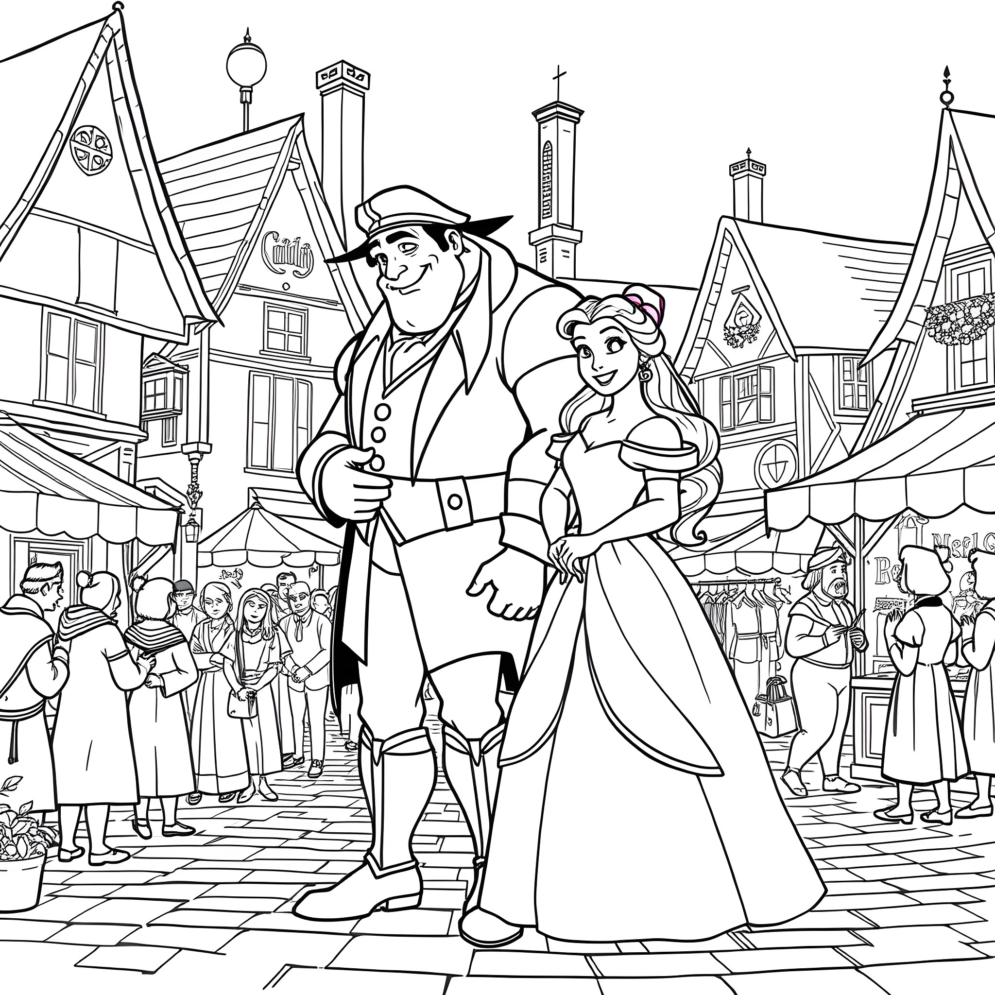 Belle and Gaston strolling through a lively village Coloring Page (free black-and-white line drawing printable PDF for all, from beginners to advanced learners, including children, teens, adults, and seniors)