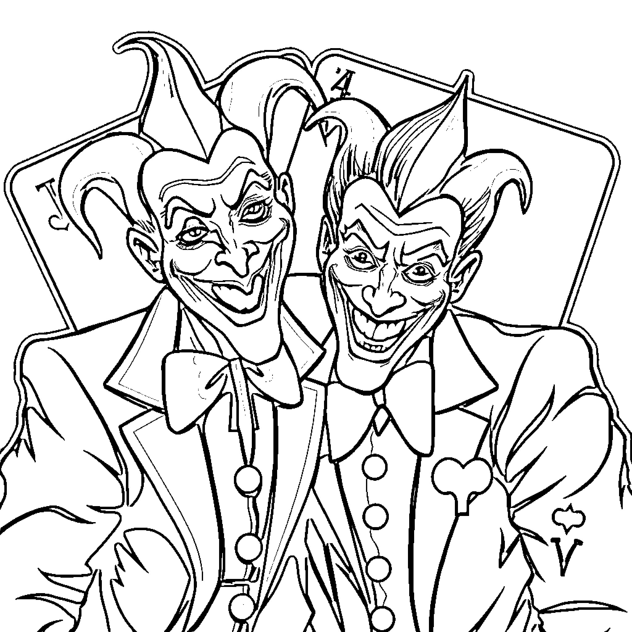 Joker's Mischievous Duo: Sinister Smiles and Zany Attire Coloring Page (free black-and-white line drawing printable PDF for all, from beginners to advanced learners, including children, teens, adults, and seniors)