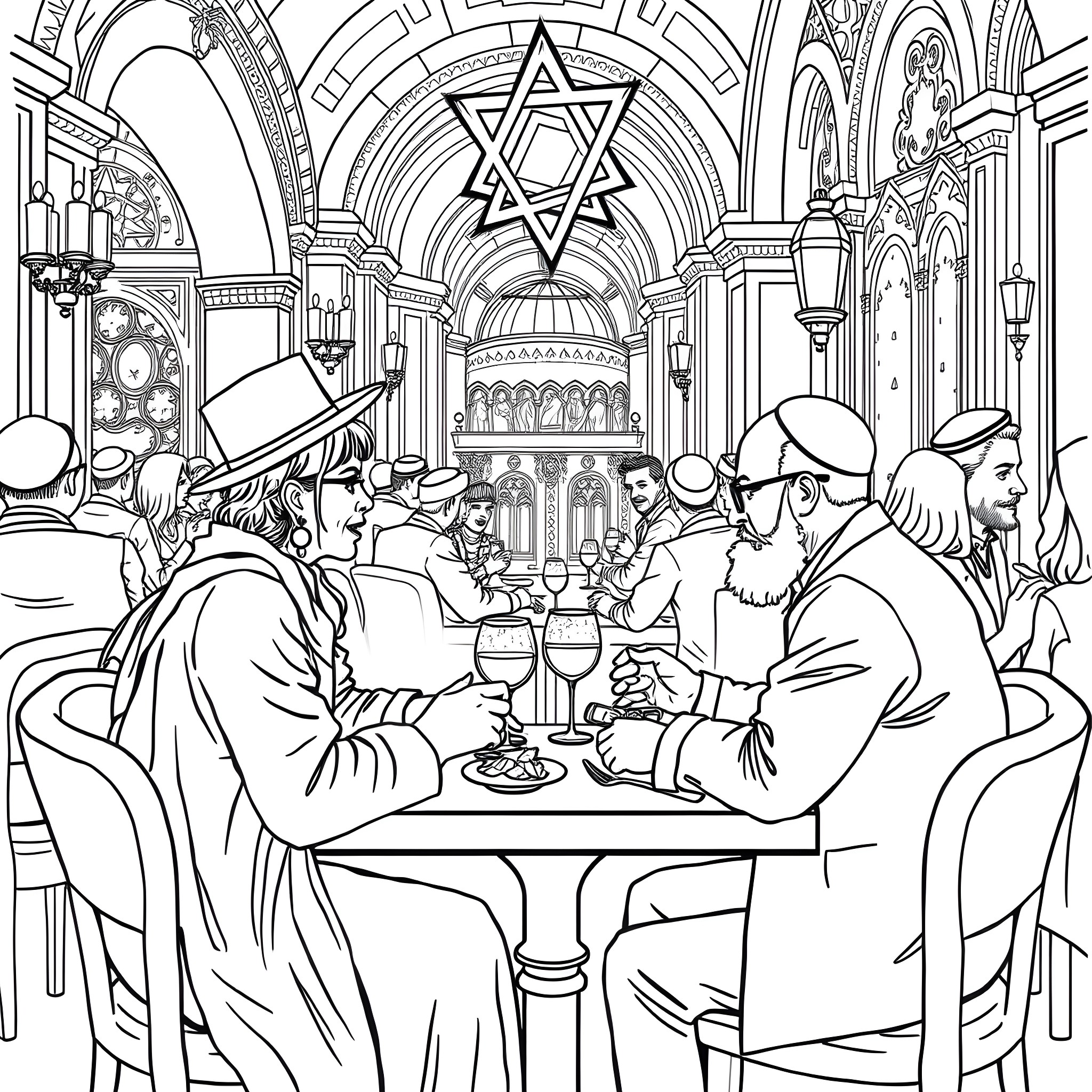 Couple dining in an ornate synagogue hall Coloring Page (free black-and-white line drawing printable PDF for all, from beginners to advanced learners, including children, teens, adults, and seniors)