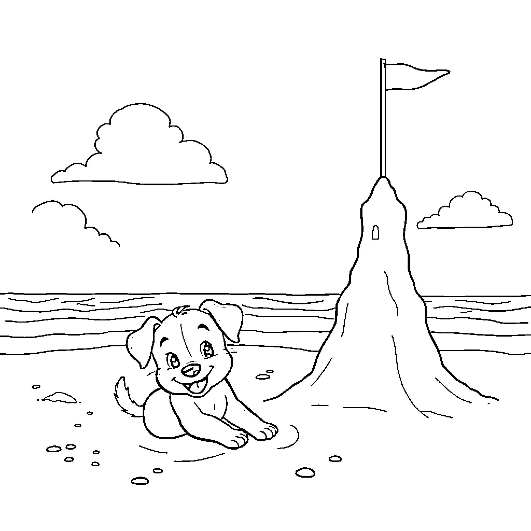 Bluey exploring the beach with a flag Coloring Page (free black-and-white line drawing printable PDF for all, from beginners to advanced learners, including children, teens, adults, and seniors)
