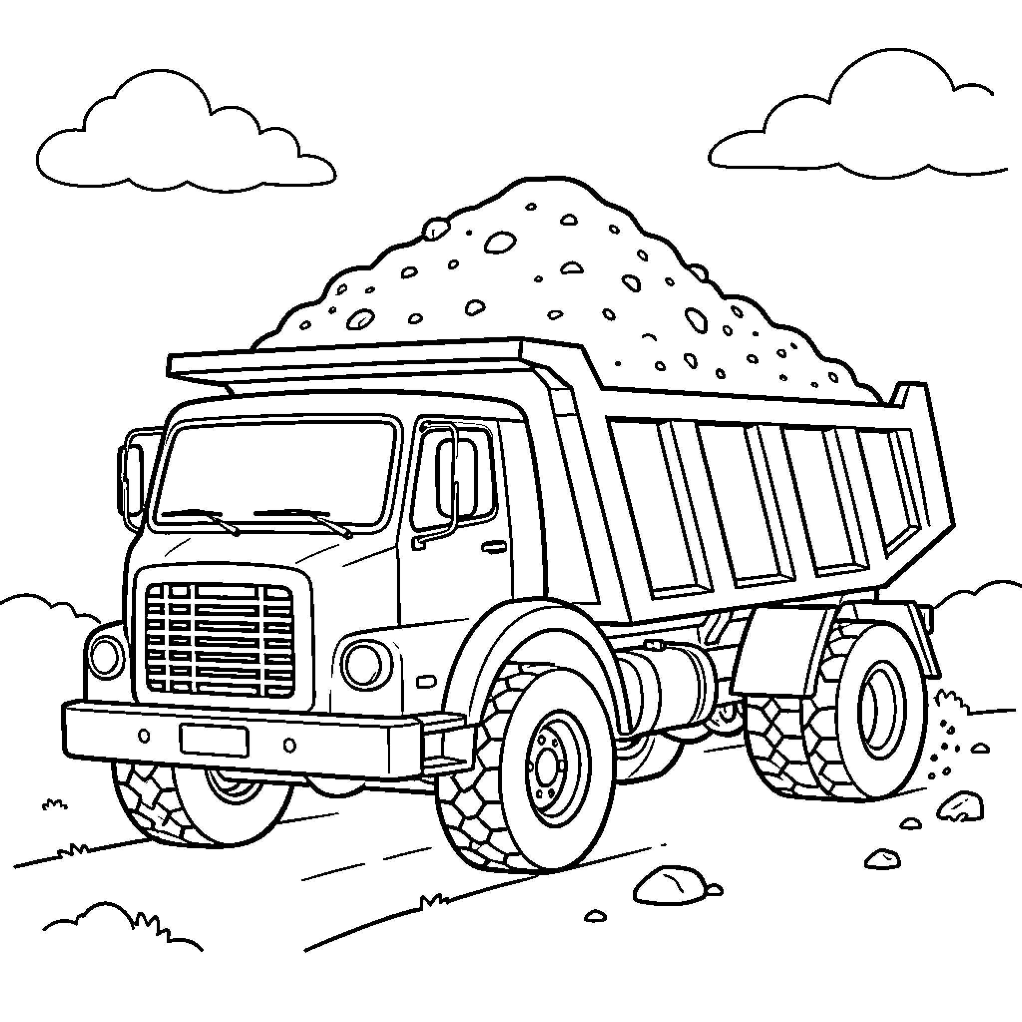 Dump Truck Carrying Heavy Load on Rough Terrain Coloring Page (free black-and-white line drawing printable PDF for all, from beginners to advanced learners, including children, teens, adults, and seniors)
