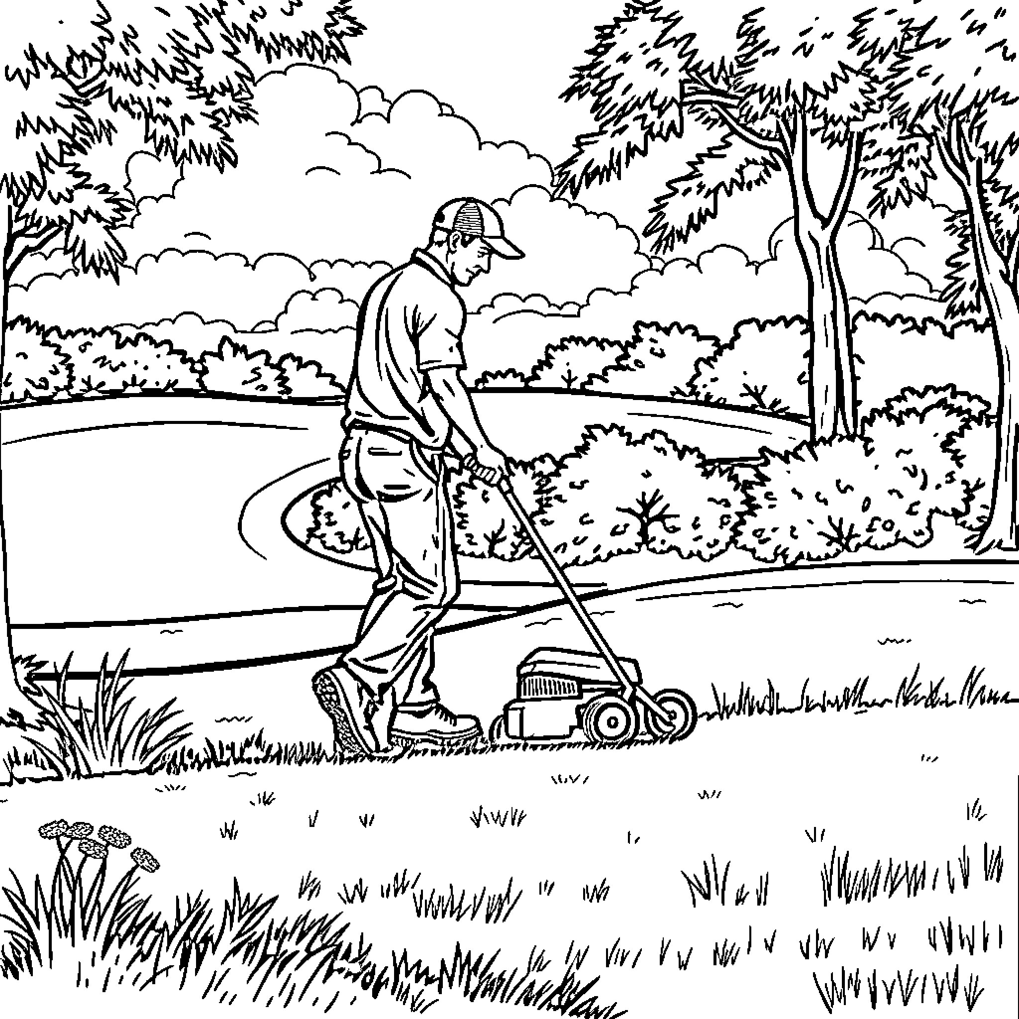 Man mowing lawn in park-like setting Coloring Page (free black-and-white line drawing printable PDF for all, from beginners to advanced learners, including children, teens, adults, and seniors)