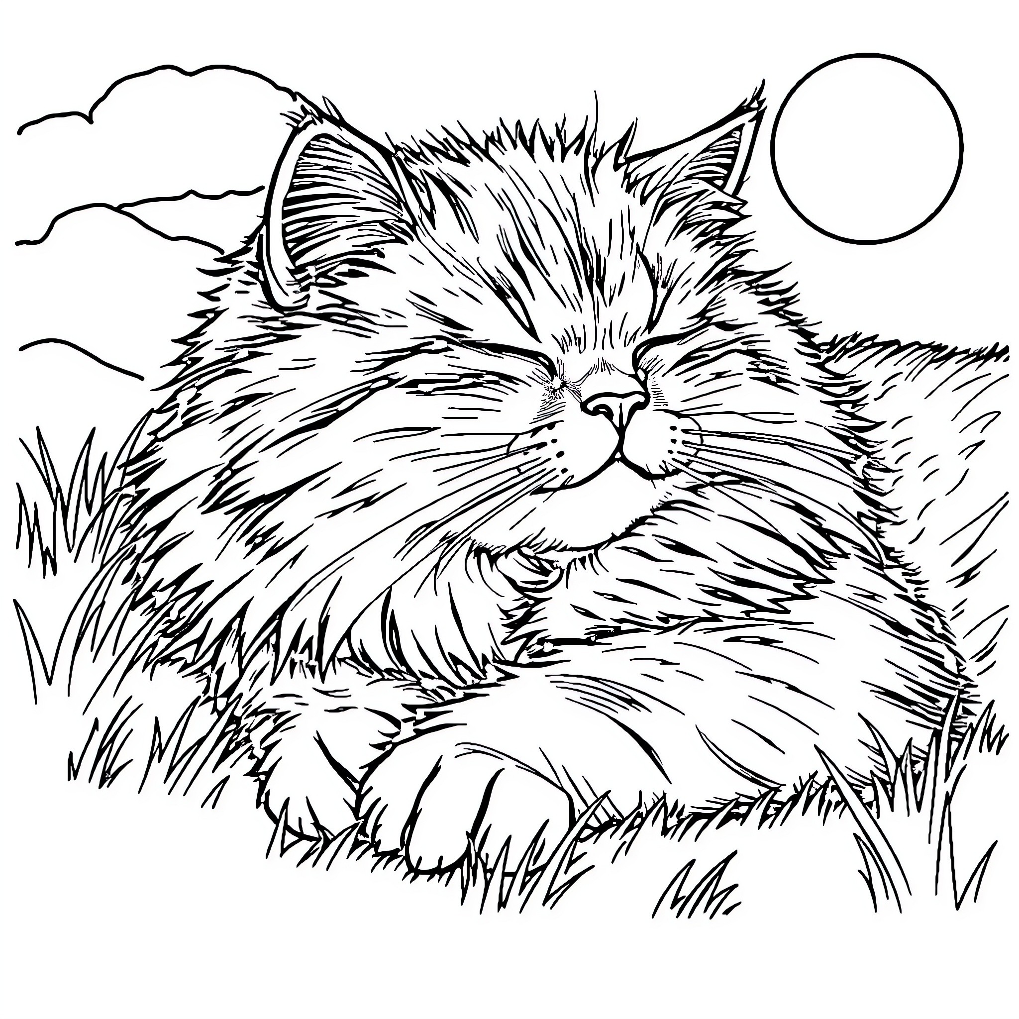 Cat napping peacefully in the moonlight Coloring Page (free black-and-white line drawing printable PDF for all, from beginners to advanced learners, including children, teens, adults, and seniors)