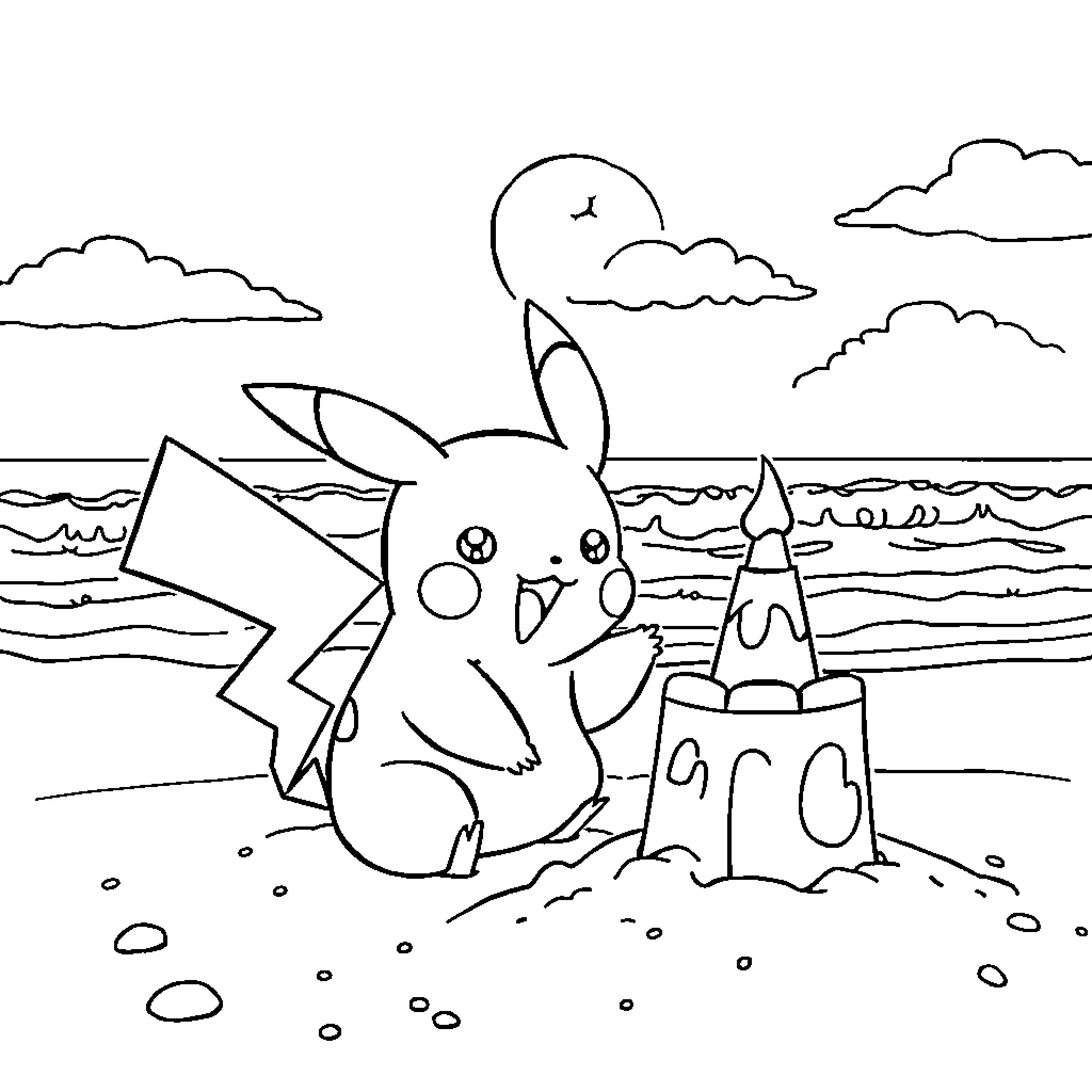 Pikachu building a sandcastle on the beach Coloring Page (free black-and-white line drawing printable PDF for all, from beginners to advanced learners, including children, teens, adults, and seniors)