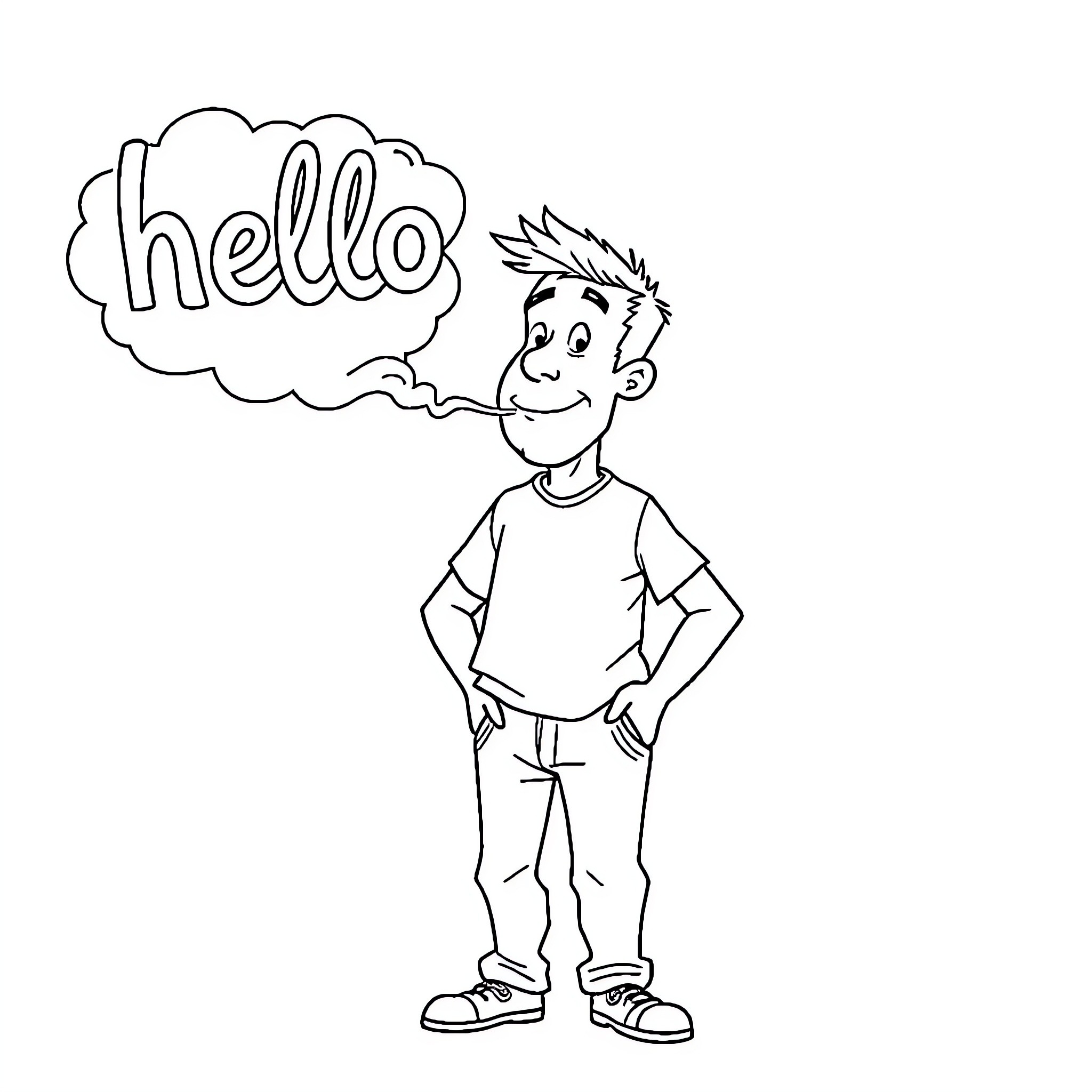 Man Saying Hello with Speech Bubble Coloring Page (free black-and-white line drawing printable PDF for all, from beginners to advanced learners, including children, teens, adults, and seniors)
