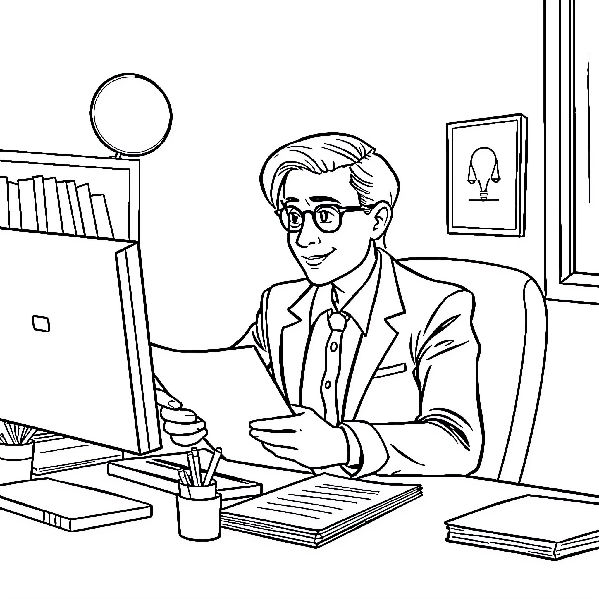 Loan Officer Working Diligently at Desk Coloring Page (free black-and-white line drawing printable PDF for all, from beginners to advanced learners, including children, teens, adults, and seniors)