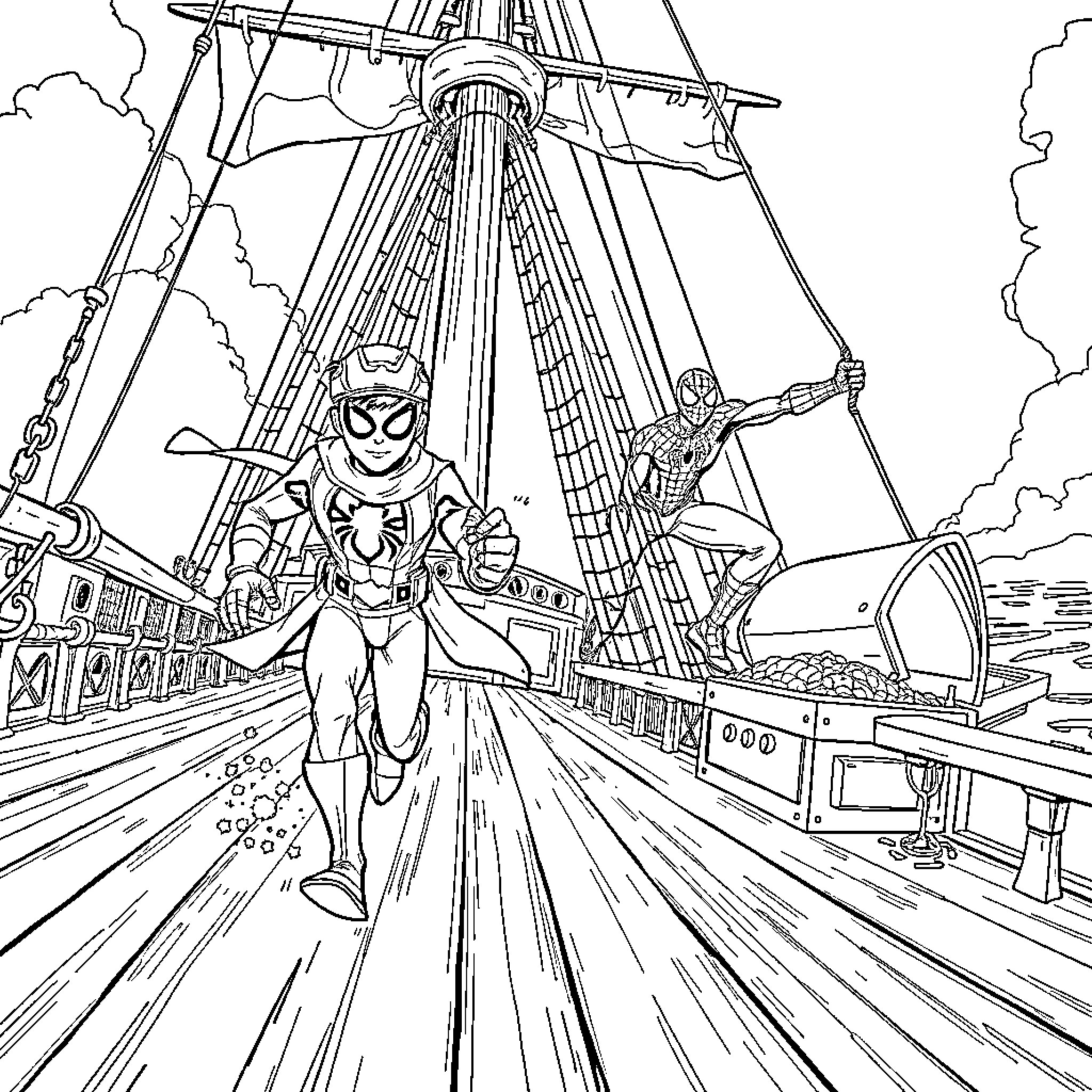 Spiderman swinging through the air on a ship Coloring Page (free black-and-white line drawing printable PDF for all, from beginners to advanced learners, including children, teens, adults, and seniors)