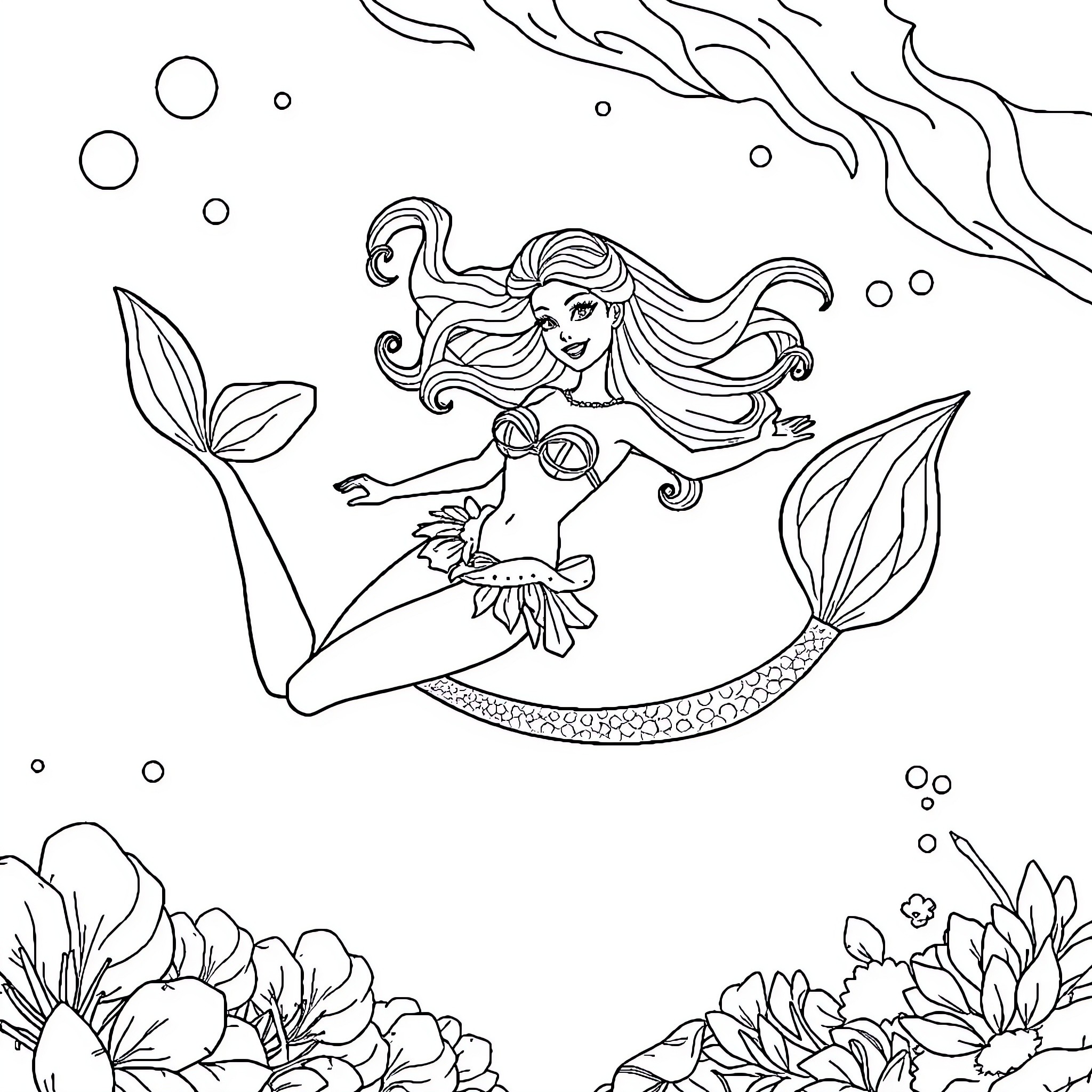Barbie mermaid swimming in the ocean Coloring Page (free black-and-white line drawing printable PDF for all, from beginners to advanced learners, including children, teens, adults, and seniors)