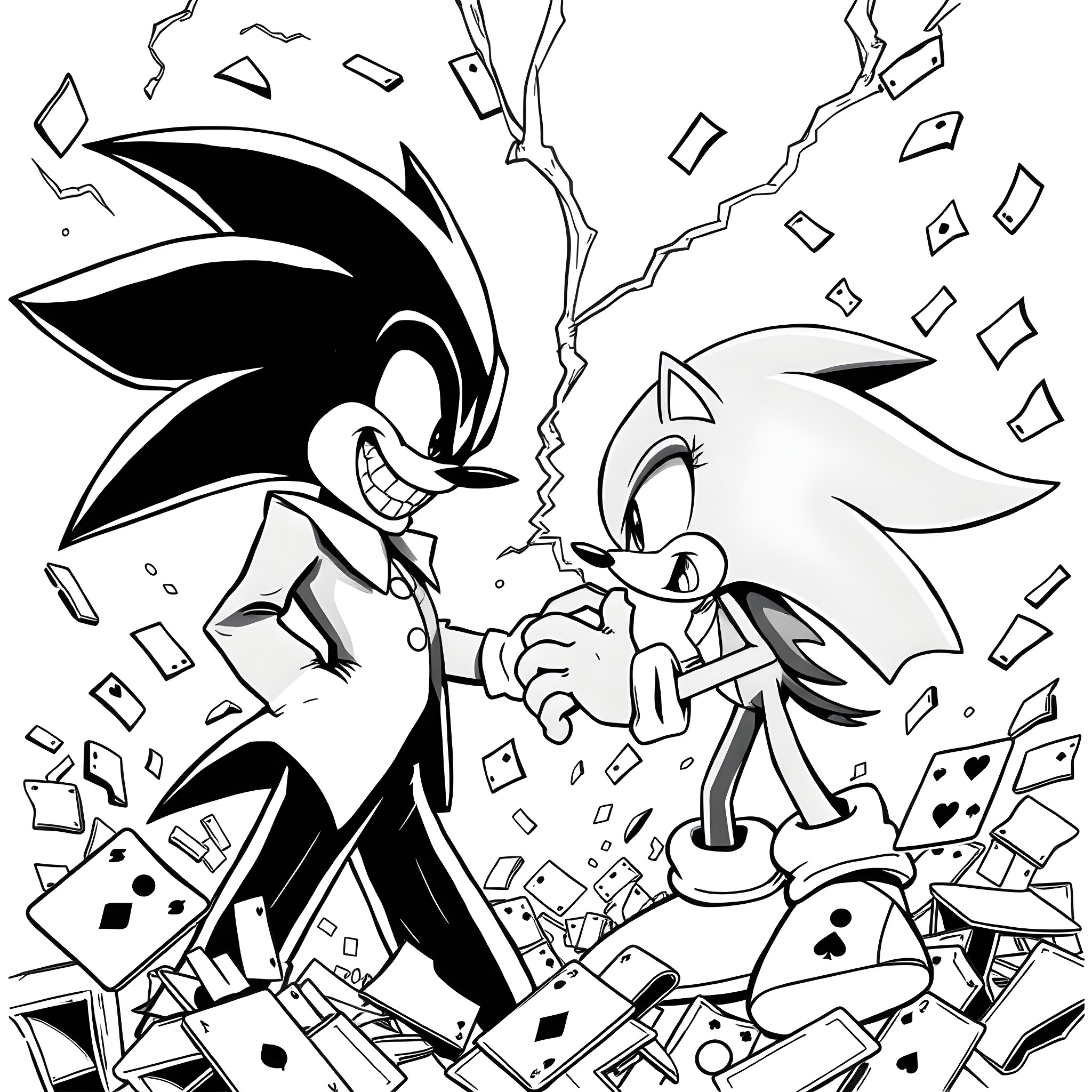 Joker Hedgehogs in Chaotic Celebration Coloring Page (free black-and-white line drawing printable PDF for all, from beginners to advanced learners, including children, teens, adults, and seniors)