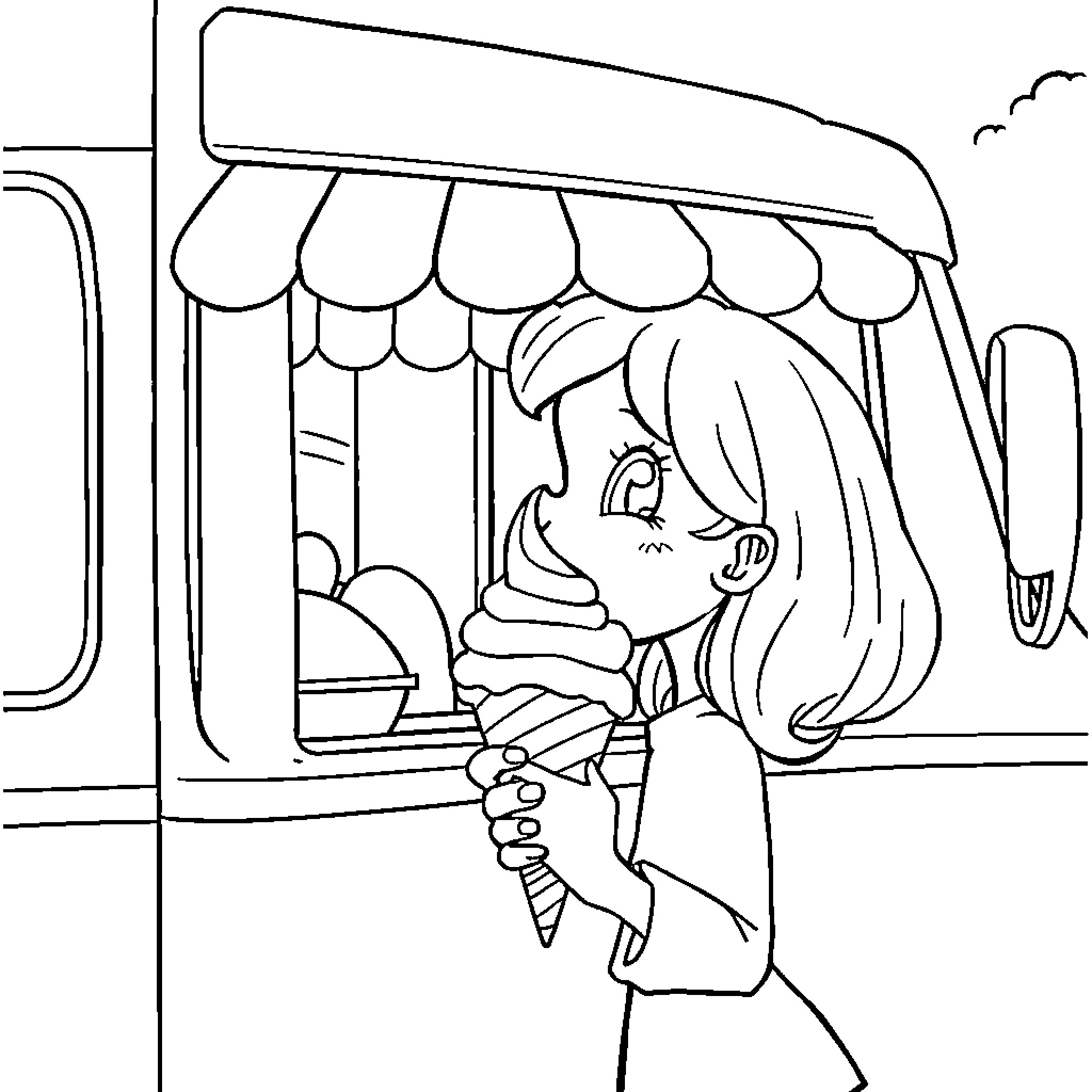 Mira enjoys an ice cream treat at the carnival Coloring Page (free black-and-white line drawing printable PDF for all, from beginners to advanced learners, including children, teens, adults, and seniors)