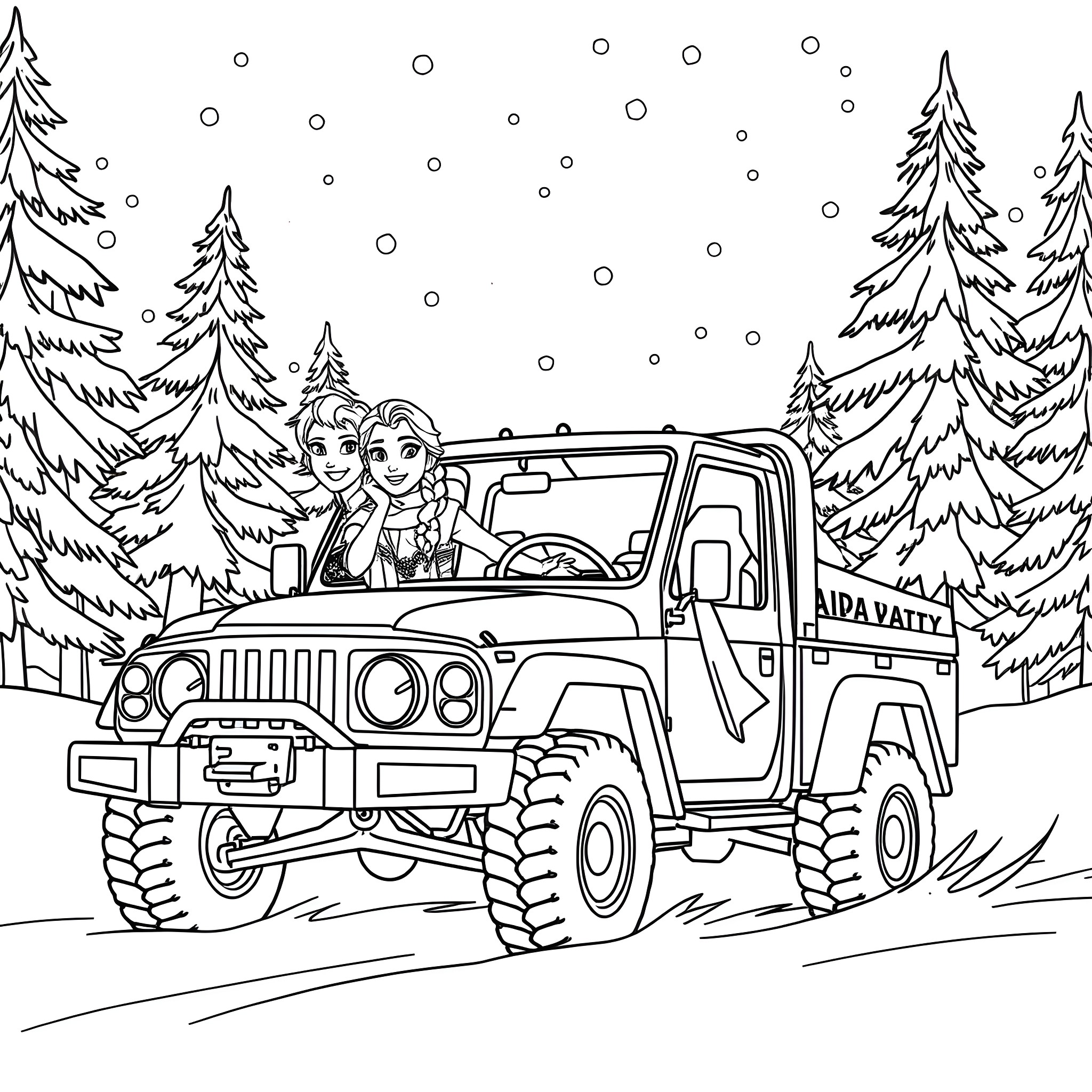 Elsa and Anna Explore the Snowy Wilderness in a Jeep Coloring Page (free black-and-white line drawing printable PDF for all, from beginners to advanced learners, including children, teens, adults, and seniors)