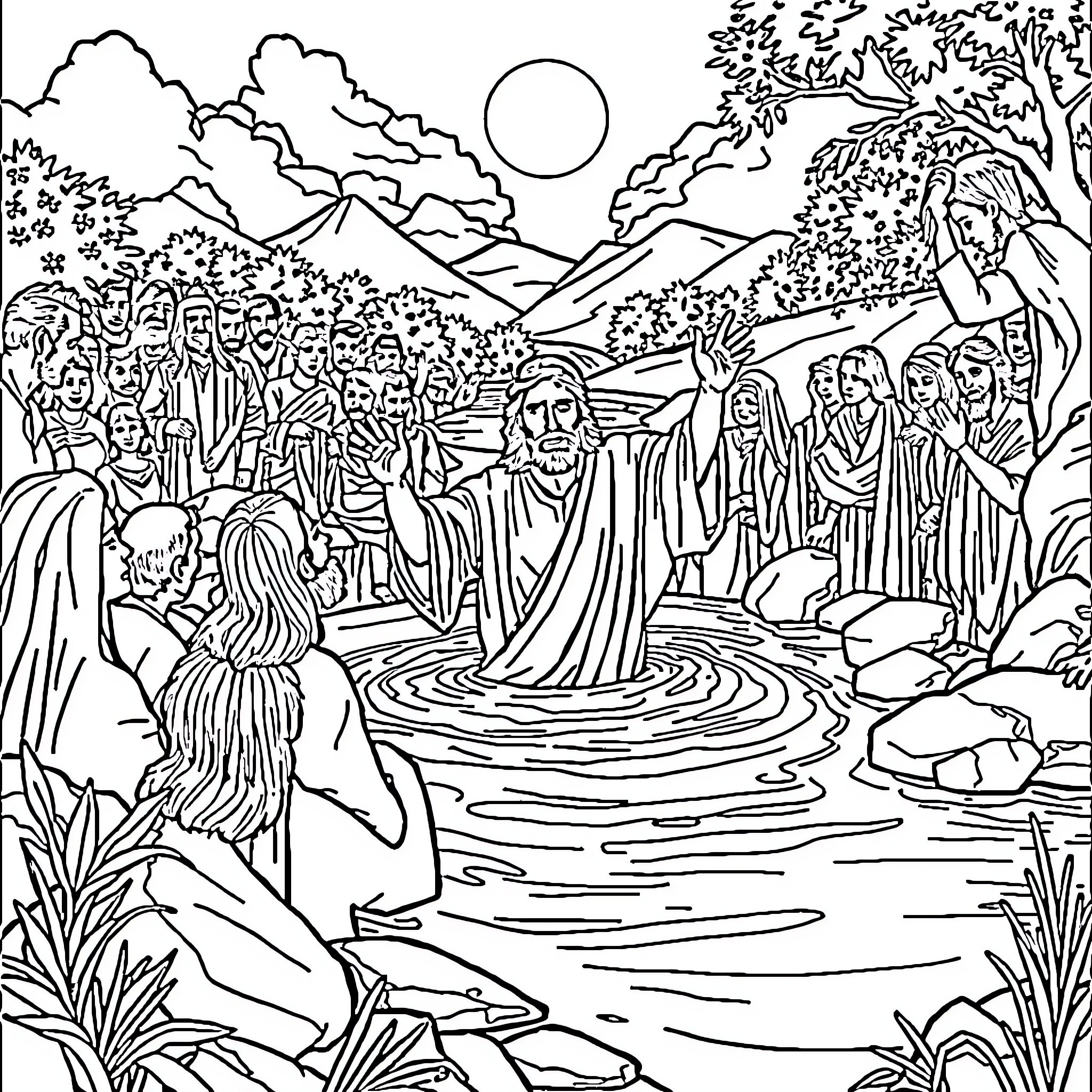 Jesus teaching and baptizing crowds in nature Coloring Page (free black-and-white line drawing printable PDF for all, from beginners to advanced learners, including children, teens, adults, and seniors)